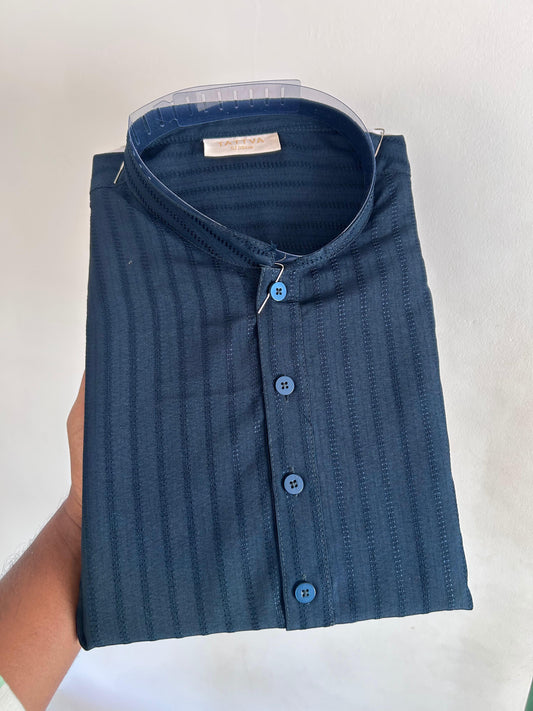 Short Kurtha Mixed cotton - Full Sleeve - KaithariKada - Dark Blue Striped Design Body - 2 KK9000 DTF