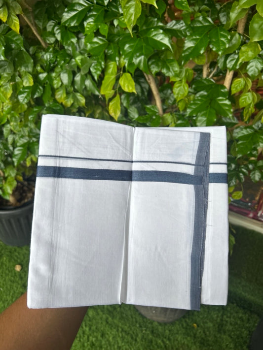 20% Discount ! Kaitharikada Balaramapuram 100% Cotton PURE WHITE Double Mundu/Dothi - 100x80 - 0.5 inch Peacock Blue 3.70 mtr (8 muzham) - 76KK5220 THI
