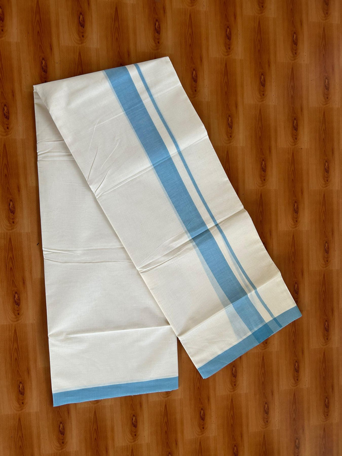 Double Off White (Unbleached) Mundu/Dhoti - 20% Discount! KaithariKada Pulimood 100% Cotton 80x72 - 1.5 inch Light Blue Shaded Kara - 4 mtr (8.5 muzham) - 17 KK5553 STH