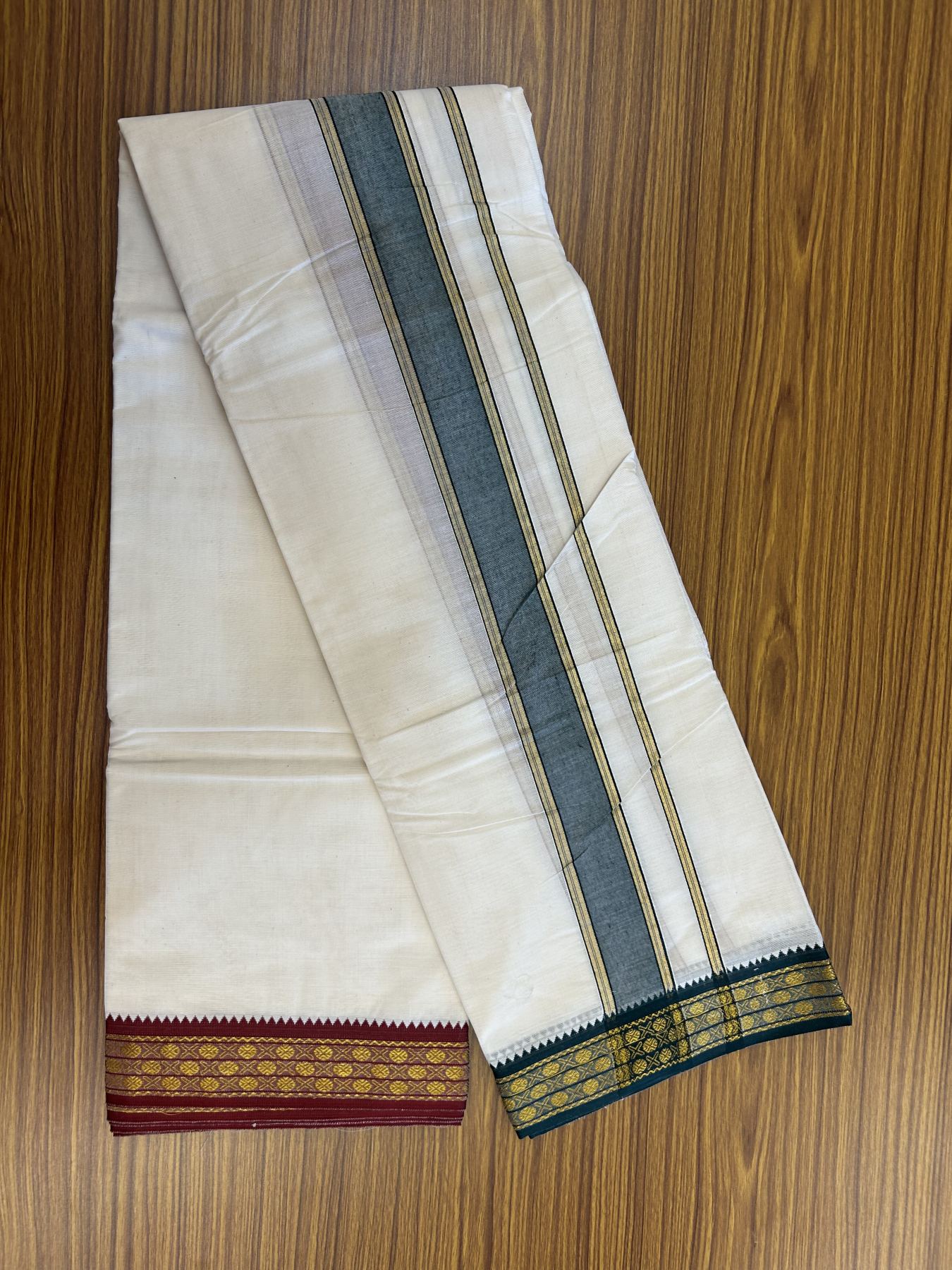Panchakacham Dhoti - 20% Discount! Kaitharikada Balaramapuram Cotton Mix - Off White - (Unbleached) 80X90 thread - North Iindian- Attached Gamcha - 9x5 Dhoti - 2 inch Gold kasav Dark Green shaded kara - 29 KK8305 PMC