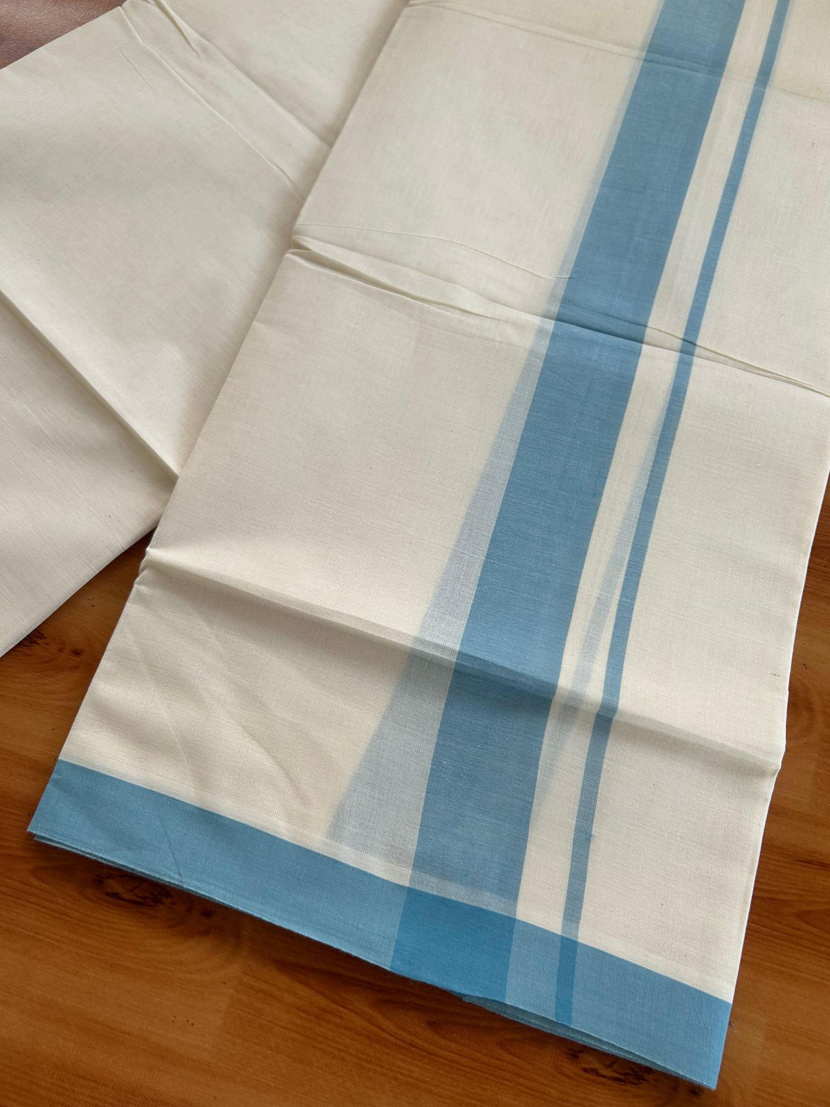 Double Off White (Unbleached) Mundu/Dhoti - 20% Discount! KaithariKada Pulimood 100% Cotton 80x72 - 1.5 inch Light Blue Shaded Kara - 4 mtr (8.5 muzham) - 17 KK5553 STH