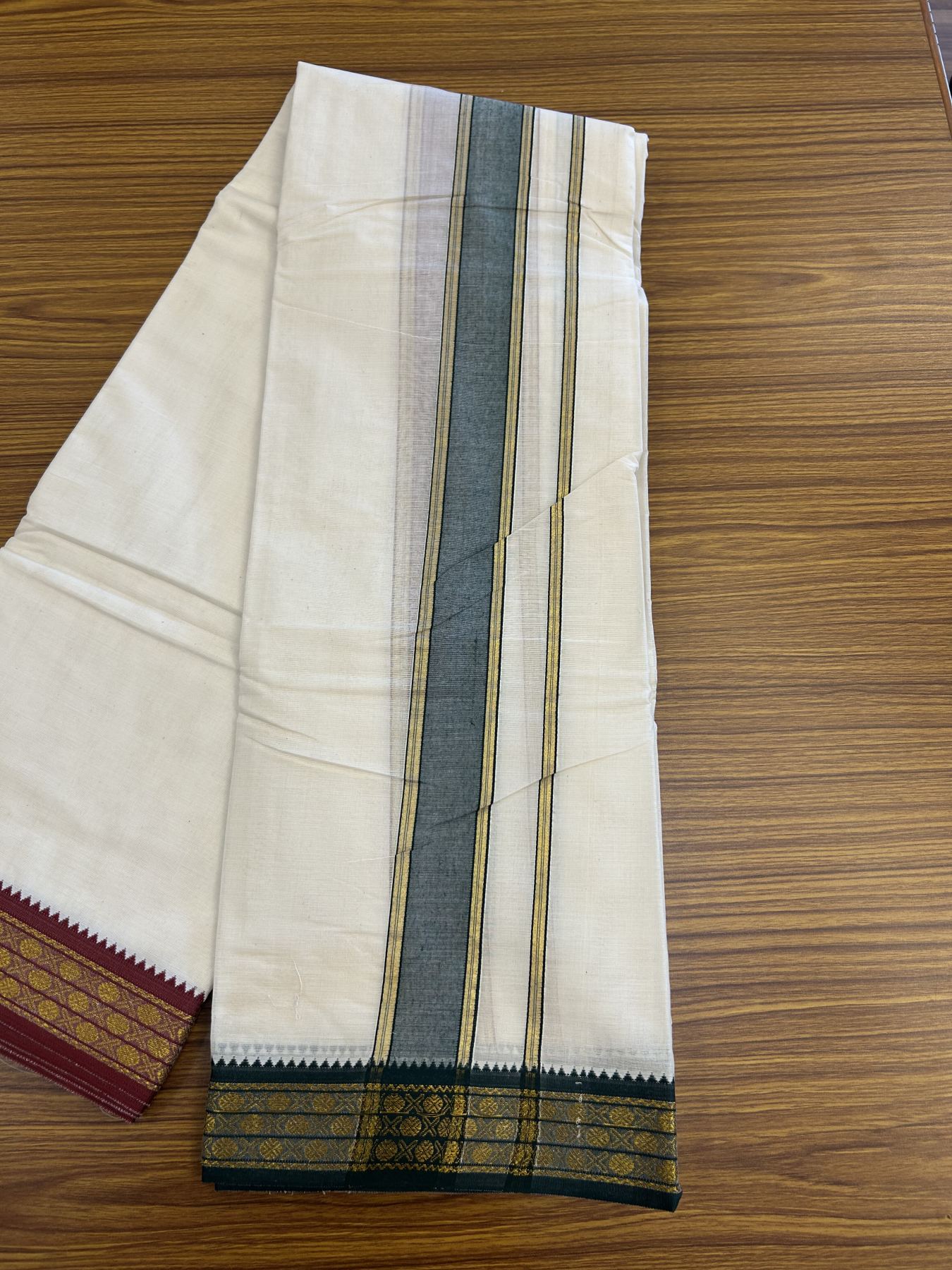 Panchakacham Dhoti - 20% Discount! Kaitharikada Balaramapuram Cotton Mix - Off White - (Unbleached) 80X90 thread - North Iindian- Attached Gamcha - 9x5 Dhoti - 2 inch Gold kasav Dark Green shaded kara - 29 KK8305 PMC