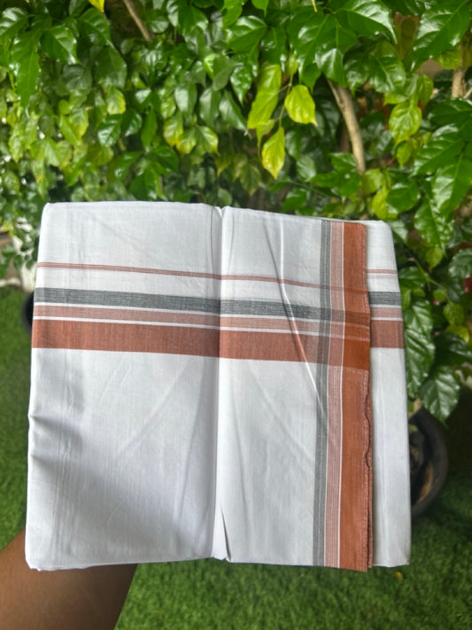 20% Discount ! Kaitharikada Balaramapuram 100% Cotton PURE WHITE Double Mundu/Dothi - 100x80 - 1.5 inch Light Rust Brown & Black Shaded Striped Kara 3.75 mtr (8 muzham) - 81KK5220 THI