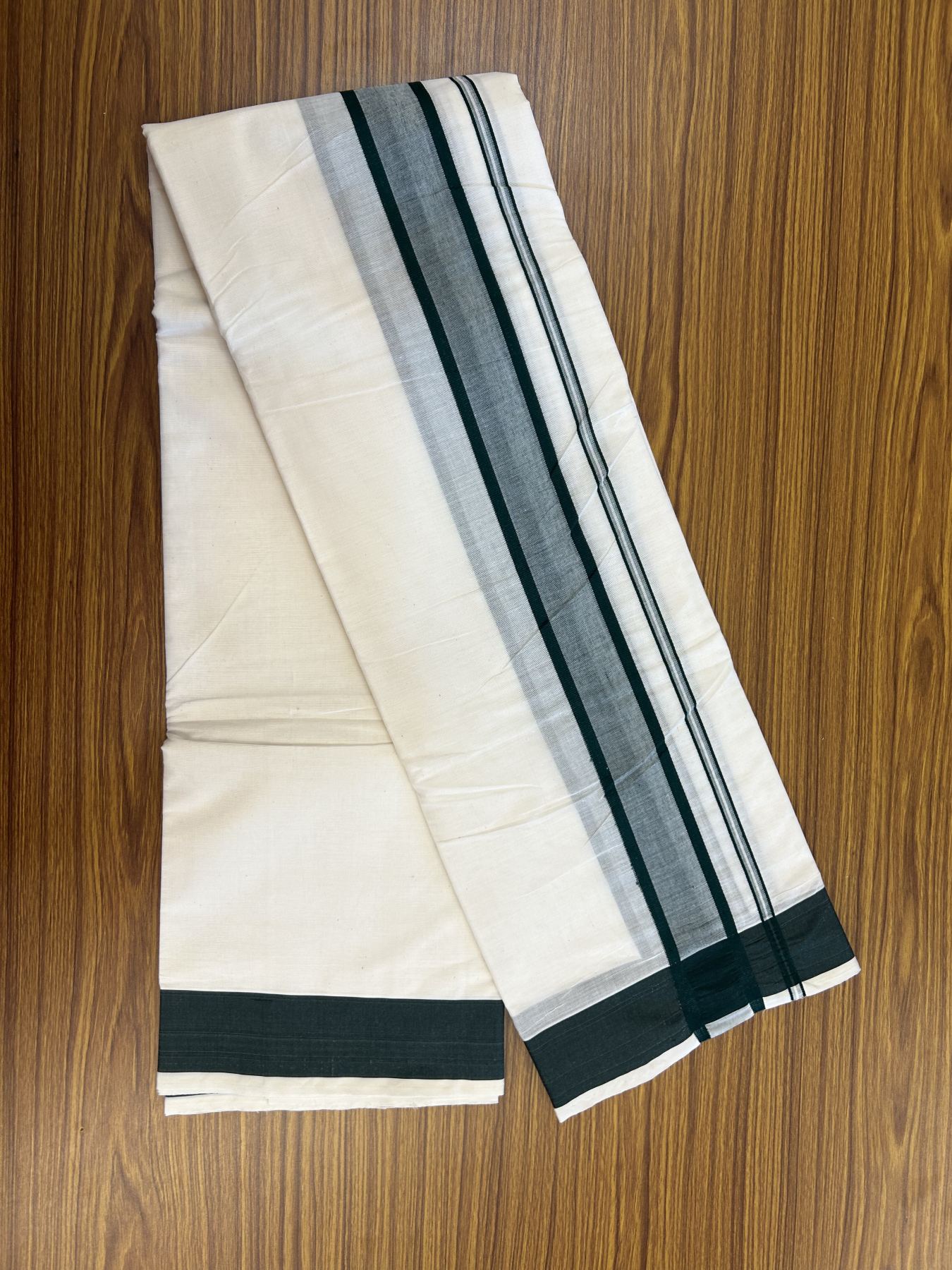 Panchakacham Dhoti - 20% Discount! Kaitharikada Balaramapuram Cotton Mix - Off White - (Unbleached) 80X90 thread - North Iindian- Attached Gamcha - 9x5 Dhoti - 2 inch Dark Green shaded kara - 28 KK8305 PMC