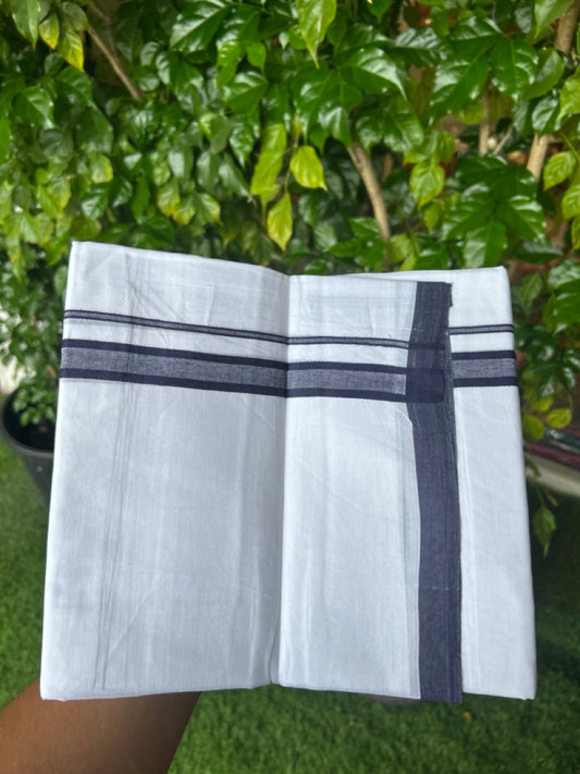 20% Discount ! Kaitharikada Balaramapuram 100% Cotton PURE WHITE Double Mundu/Dothi - 100x80 - 0.75 inch Navy Blue Shaded Kara 3.70 mtr (8 muzham) - 63KK5220 THI