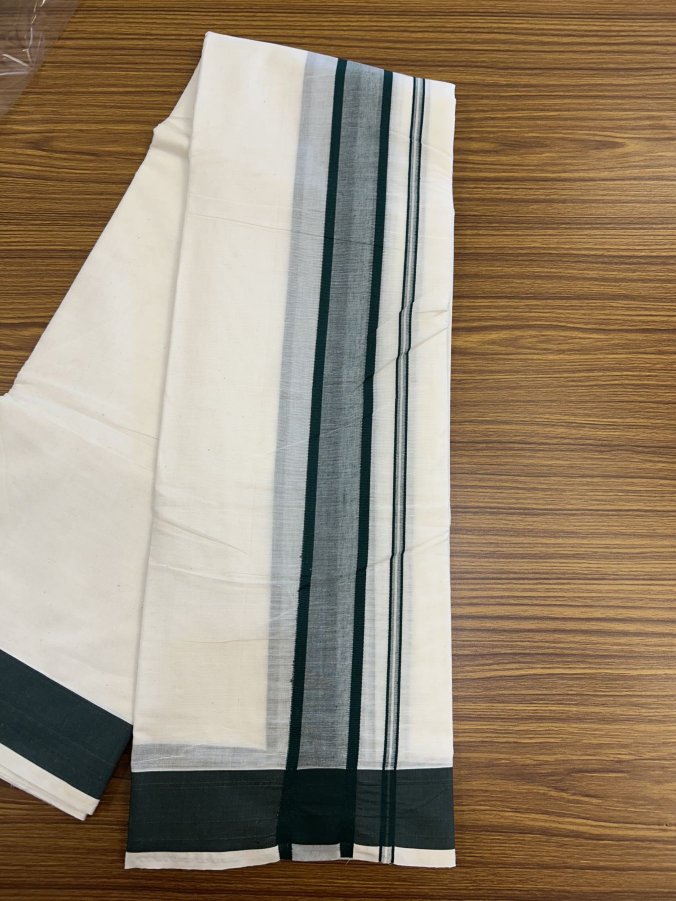 Panchakacham Dhoti - 20% Discount! Kaitharikada Balaramapuram Cotton Mix - Off White - (Unbleached) 80X90 thread - North Iindian- Attached Gamcha - 9x5 Dhoti - 2 inch Dark Green shaded kara - 28 KK8305 PMC