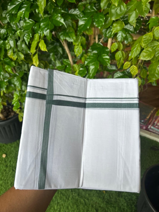20% Discount ! Kaitharikada Balaramapuram 100% Cotton PURE WHITE Double Mundu/Dothi - 100x80 - 0.5 inch Dark Green 3.70 mtr (8 muzham) - 77KK5220 THI