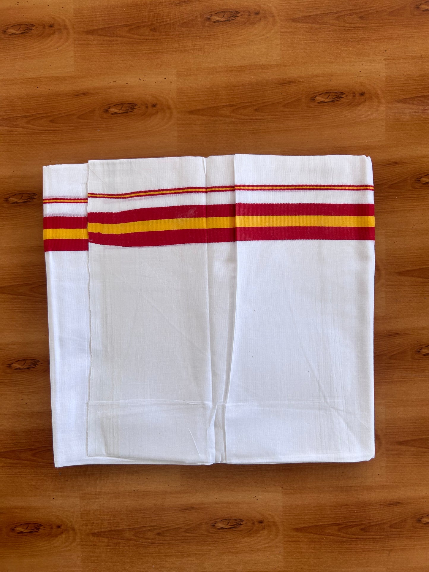 Tvk Veshti Double Pure White - 20% Discount ! KaithariKada 100% Cotton Mundu / Dhoti - 80x90 - 1 inch Maroon & Yellow kara 3.75 - 3.70 mtr (8 muzham) - 1 KK5500 PMC