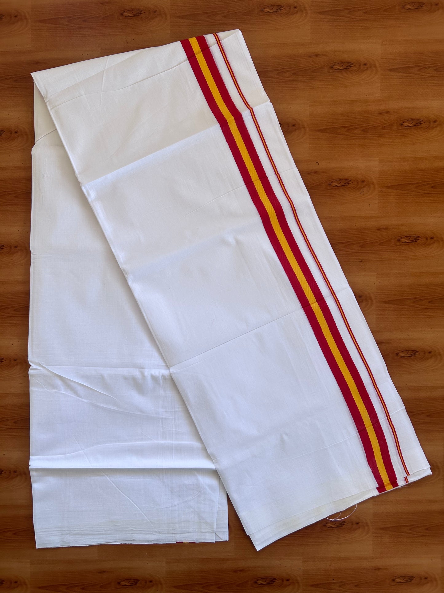 Tvk Veshti Double Pure White - 20% Discount ! KaithariKada 100% Cotton Mundu / Dhoti - 80x90 - 1 inch Maroon & Yellow kara 3.75 - 3.70 mtr (8 muzham) - 1 KK5500 PMC