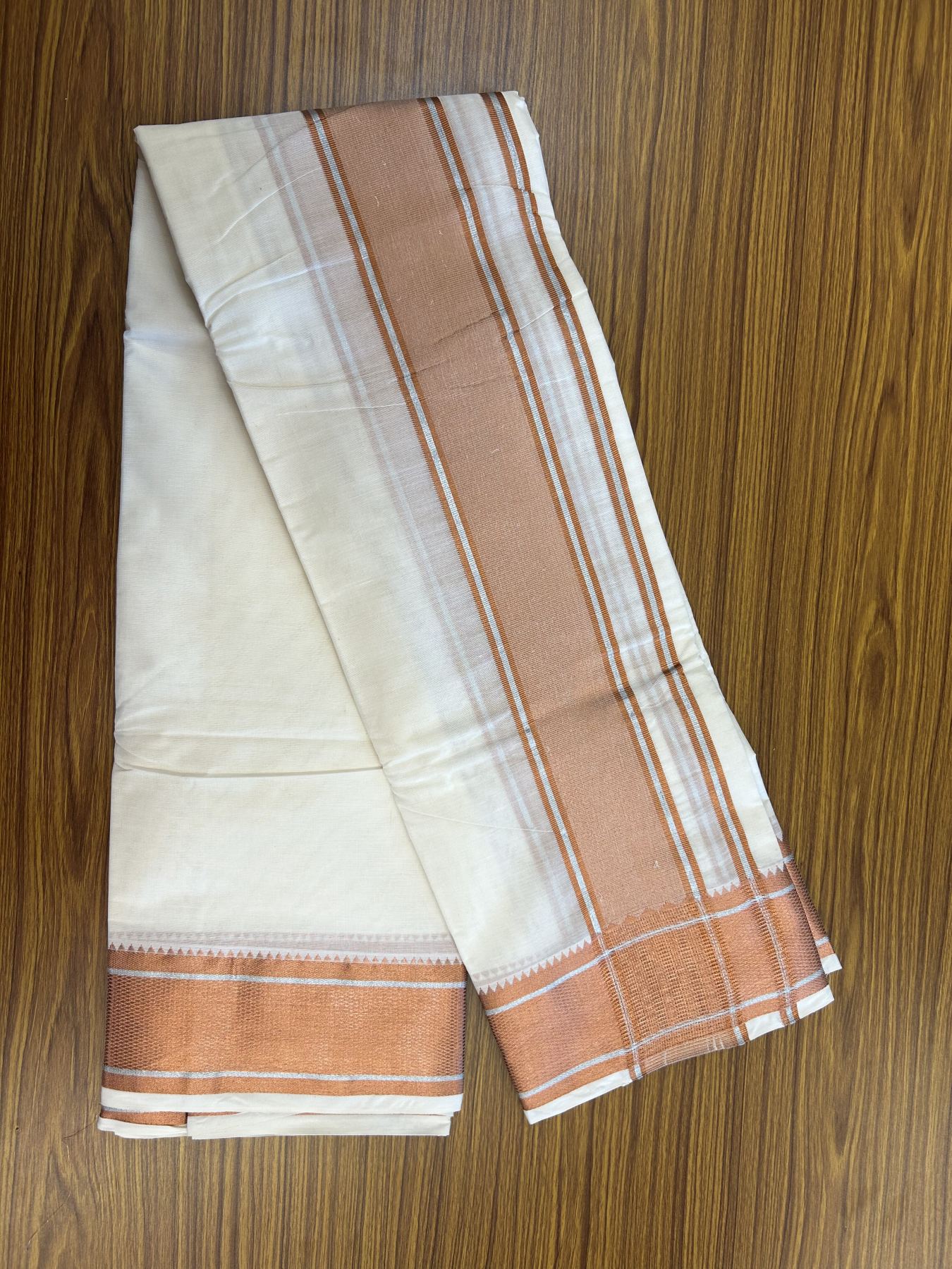 Panchakacham Dhoti - 20% Discount! Kaitharikada Balaramapuram Cotton Mix - Off White - (Unbleached) 80X90 thread - North Iindian- Attached Gamcha - 9x5 Dhoti - 3.25 inch Silver & Copper kasav shaded kara - 34 KK8305 PMC