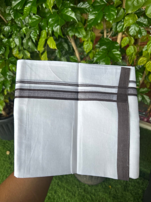 20% Discount ! Kaitharikada Balaramapuram 100% Cotton PURE WHITE Double Mundu/Dothi - 100x80 - 0.75 inch Dark Brown Shaded Kara 3.70 mtr (8 muzham) - 64KK5220 THI