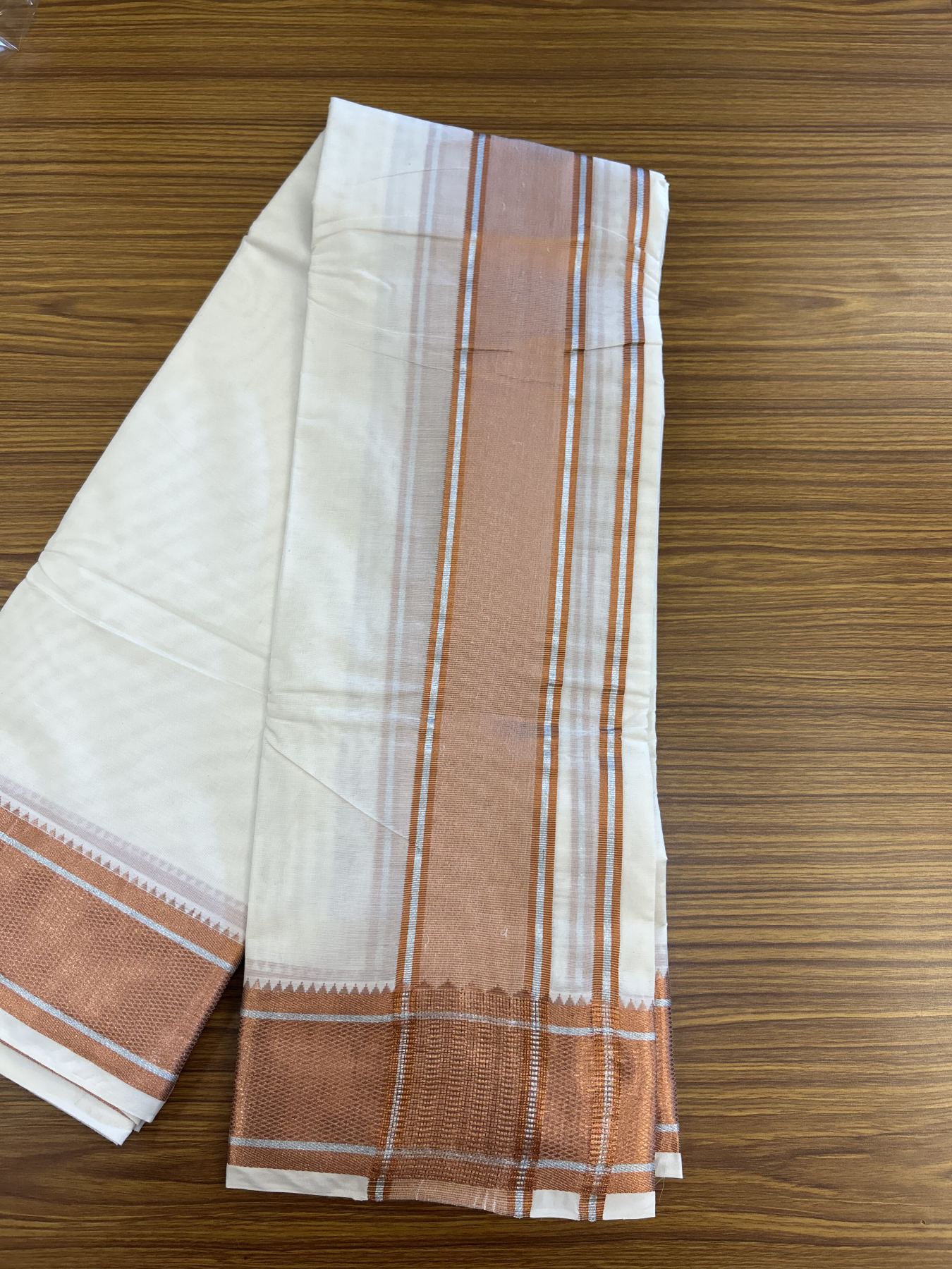 Panchakacham Dhoti - 20% Discount! Kaitharikada Balaramapuram Cotton Mix - Off White - (Unbleached) 80X90 thread - North Iindian- Attached Gamcha - 9x5 Dhoti - 3.25 inch Silver & Copper kasav shaded kara - 34 KK8305 PMC