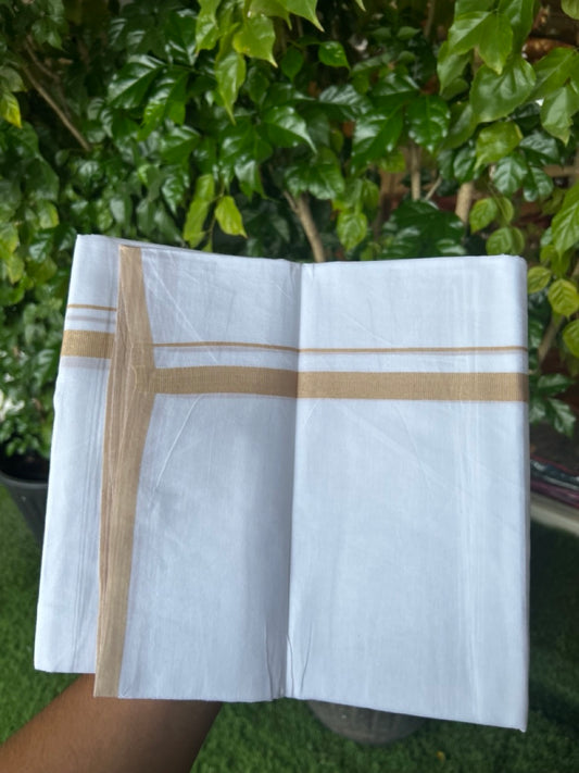 20% Discount ! Kaitharikada Balaramapuram 100% Cotton PURE WHITE Double Mundu/Dothi - 100x80 - 0.5 inch Sand Brown Kara 3.70 mtr (8 muzham) - 66KK5220 THI