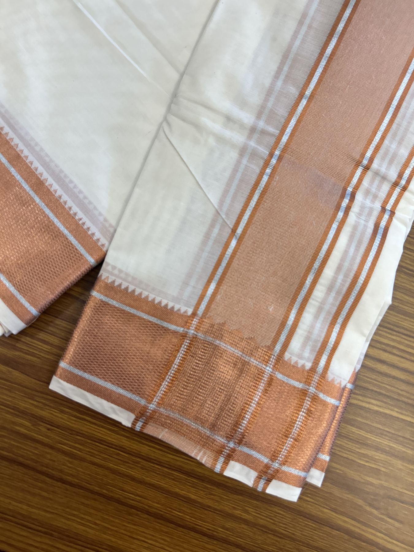 Panchakacham Dhoti - 20% Discount! Kaitharikada Balaramapuram Cotton Mix - Off White - (Unbleached) 80X90 thread - North Iindian- Attached Gamcha - 9x5 Dhoti - 3.25 inch Silver & Copper kasav shaded kara - 34 KK8305 PMC