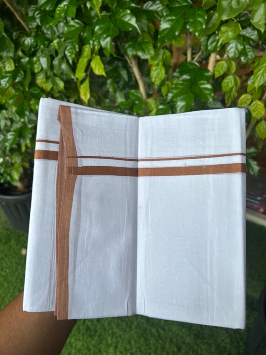 20% Discount ! Kaitharikada Balaramapuram 100% Cotton PURE WHITE Double Mundu/Dothi - 100x80 - 0.5 inch Brown Kara 3.70 mtr (8 muzham) - 67KK5220 THI