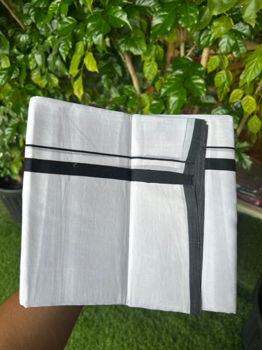 20% Discount ! Kaitharikada Balaramapuram 100% Cotton PURE WHITE Double Mundu/Dothi - 100x80 - 0.5 inch Black Kara 3.70 mtr (8 muzham) - 68KK5220 THI