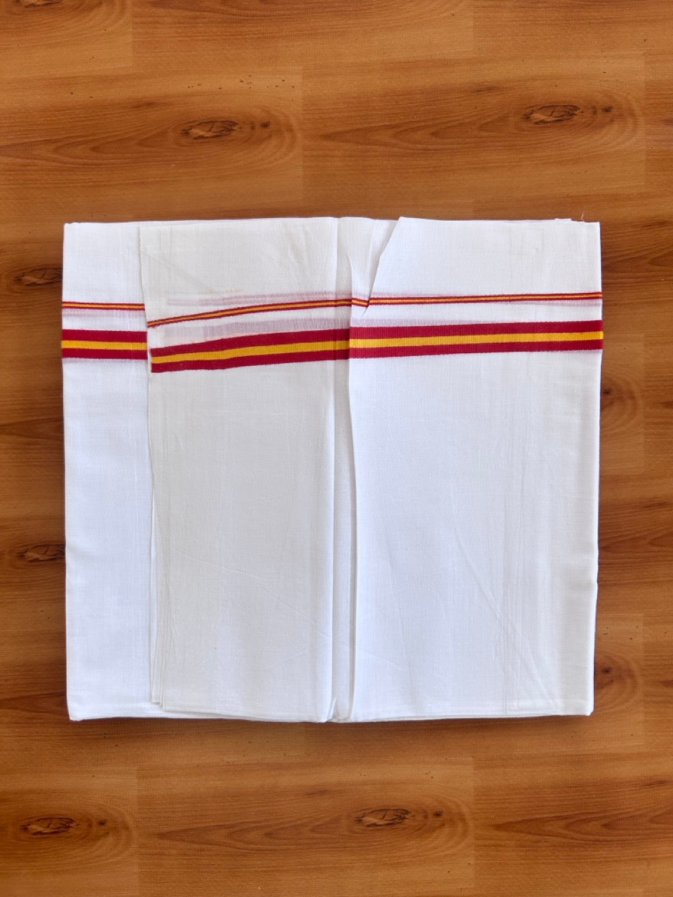Tvk Veshti Double Pure White - 20% Discount ! KaithariKada 100% Cotton Mundu / Dhoti - 80x90 - 0.5 inch Maroon & Yellow kara 3.75 - 3.70 mtr (8 muzham) - 2 KK5500 PMC
