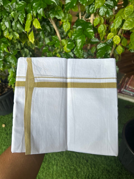 20% Discount ! Kaitharikada Balaramapuram 100% Cotton PURE WHITE Double Mundu/Dothi - 100x80 - 0.5 inch Mustard Green Kara 3.70 mtr (8 muzham) - 69KK5220 THI