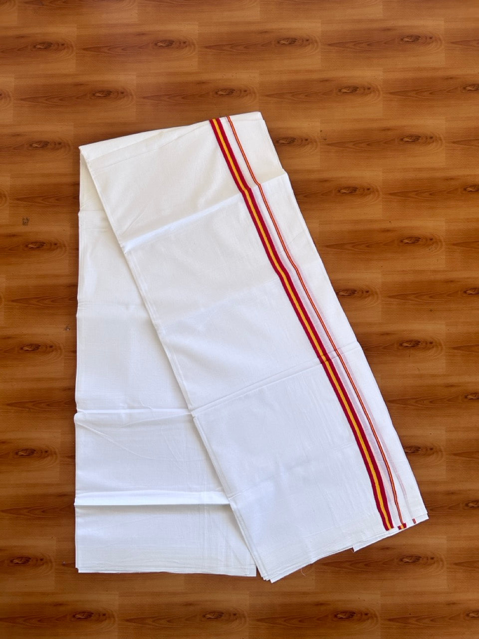 Tvk Veshti Double Pure White - 20% Discount ! KaithariKada 100% Cotton Mundu / Dhoti - 80x90 - 0.5 inch Maroon & Yellow kara 3.75 - 3.70 mtr (8 muzham) - 2 KK5500 PMC