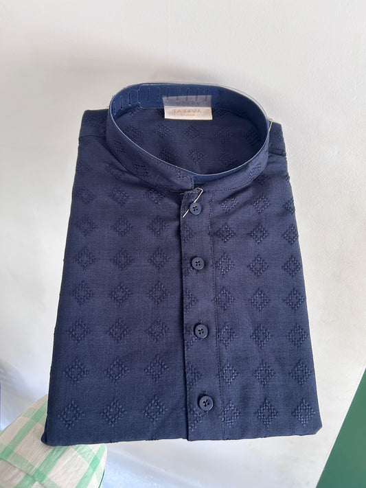 Short Kurtha Mixed cotton - Full Sleeve - KaithariKada - Dark Blue Design Body - 4 KK9000 DTF