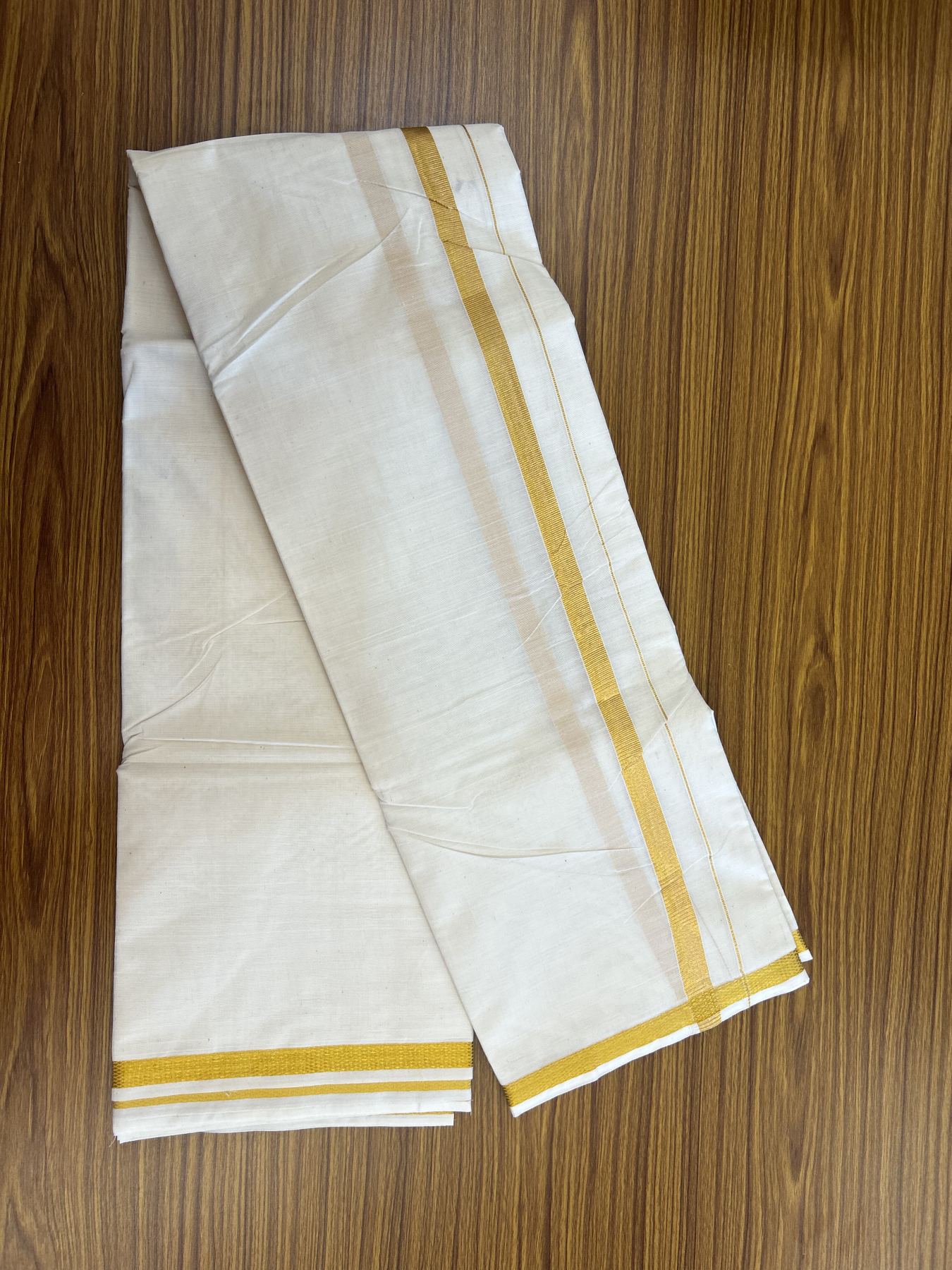 Panchakacham Dhoti - 20% Discount! Kaitharikada Balaramapuram Cotton Mix Off White - (Unbleached) 80X90 thread - North Iindian- Attached Gamcha - 9X5 Dhoti - 1 inch Gold Kasav border - 22 KK8305 PMC
