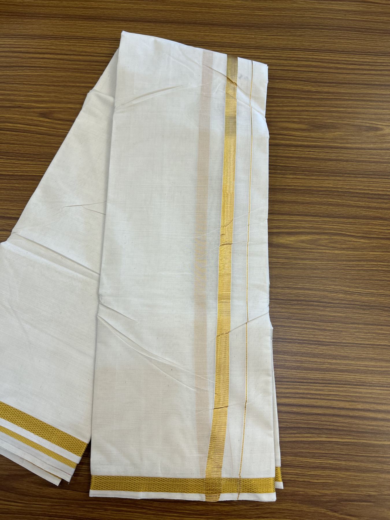Panchakacham Dhoti - 20% Discount! Kaitharikada Balaramapuram Cotton Mix Off White - (Unbleached) 80X90 thread - North Iindian- Attached Gamcha - 9X5 Dhoti - 1 inch Gold Kasav border - 22 KK8305 PMC