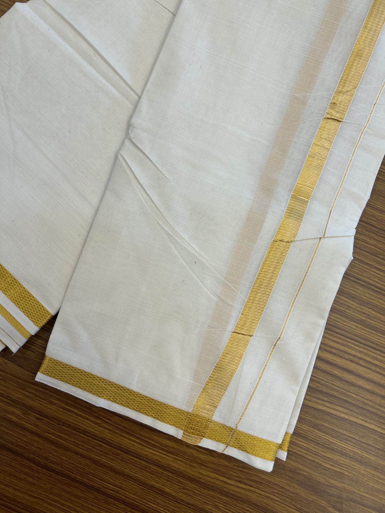 Panchakacham Dhoti - 20% Discount! Kaitharikada Balaramapuram Cotton Mix Off White - (Unbleached) 80X90 thread - North Iindian- Attached Gamcha - 9X5 Dhoti - 1 inch Gold Kasav border - 22 KK8305 PMC