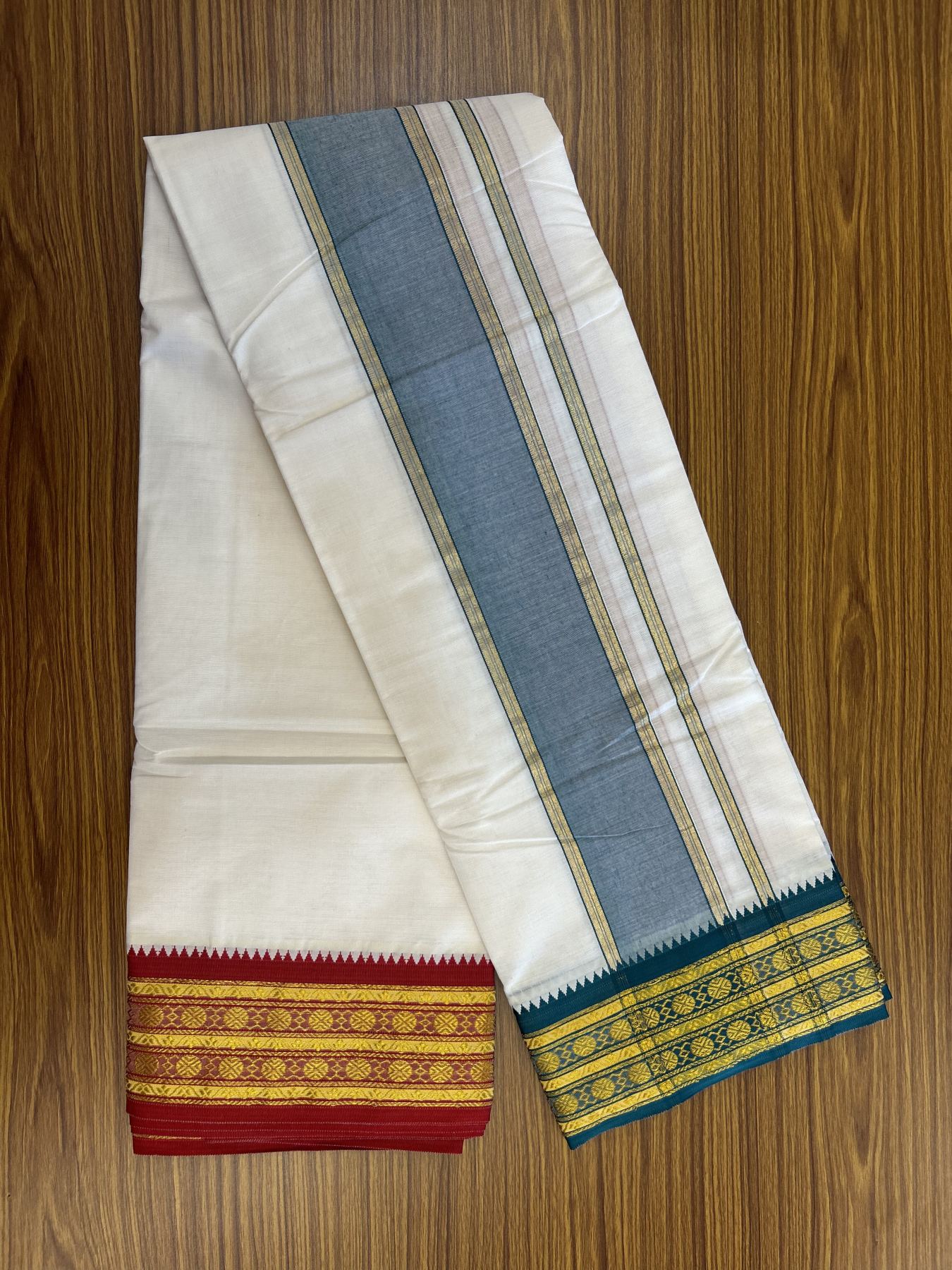 Panchakacham Dhoti - 20% Discount! Kaitharikada Balaramapuram Cotton Mix - Off White - (Unbleached) 80X90 thread - North Iindian- Attached Gamcha - 9x5 Dhoti - 3.25 inch Gold Kasav Green shaded kara - 27 KK8305 PMC