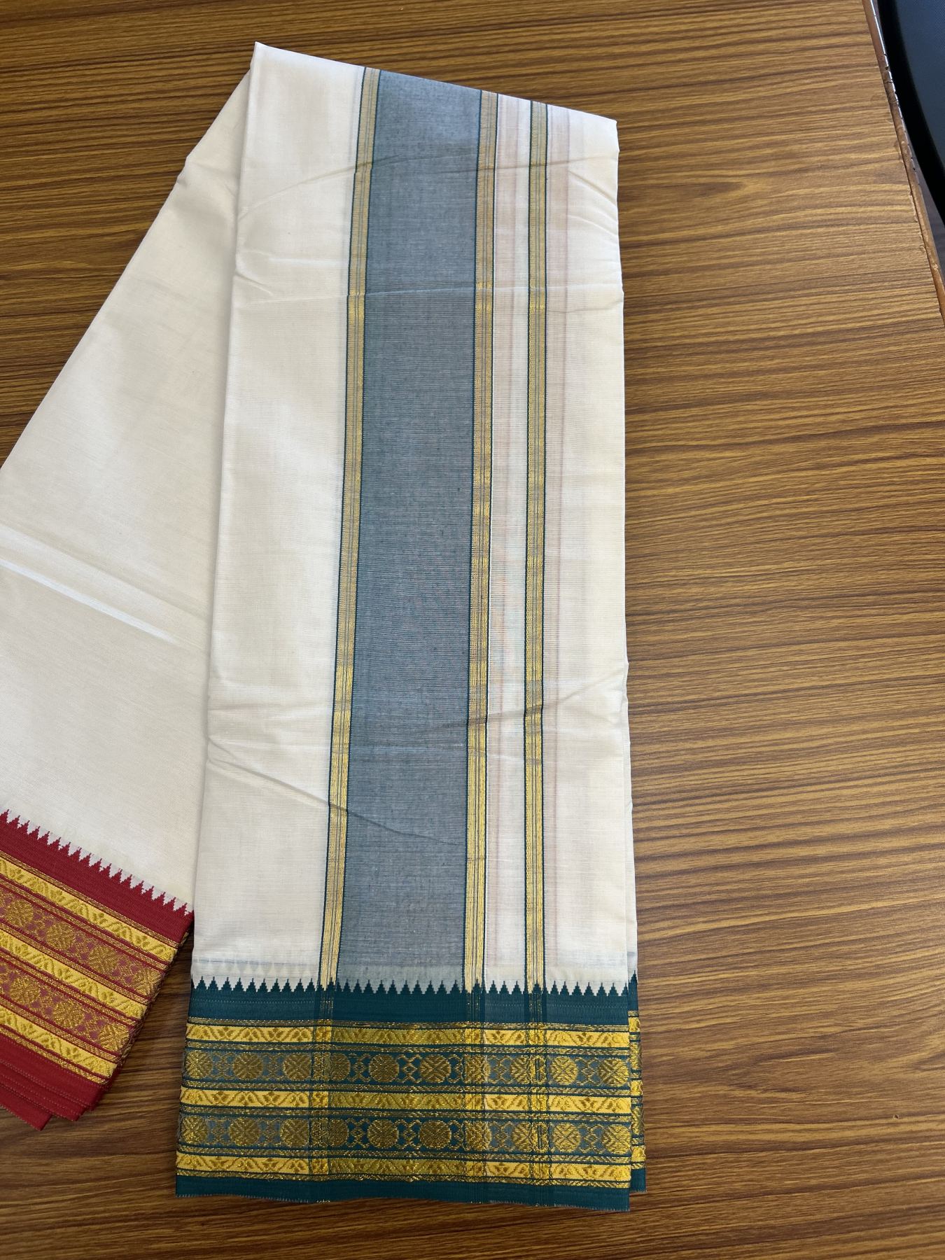 Panchakacham Dhoti - 20% Discount! Kaitharikada Balaramapuram Cotton Mix - Off White - (Unbleached) 80X90 thread - North Iindian- Attached Gamcha - 9x5 Dhoti - 3.25 inch Gold Kasav Green shaded kara - 27 KK8305 PMC