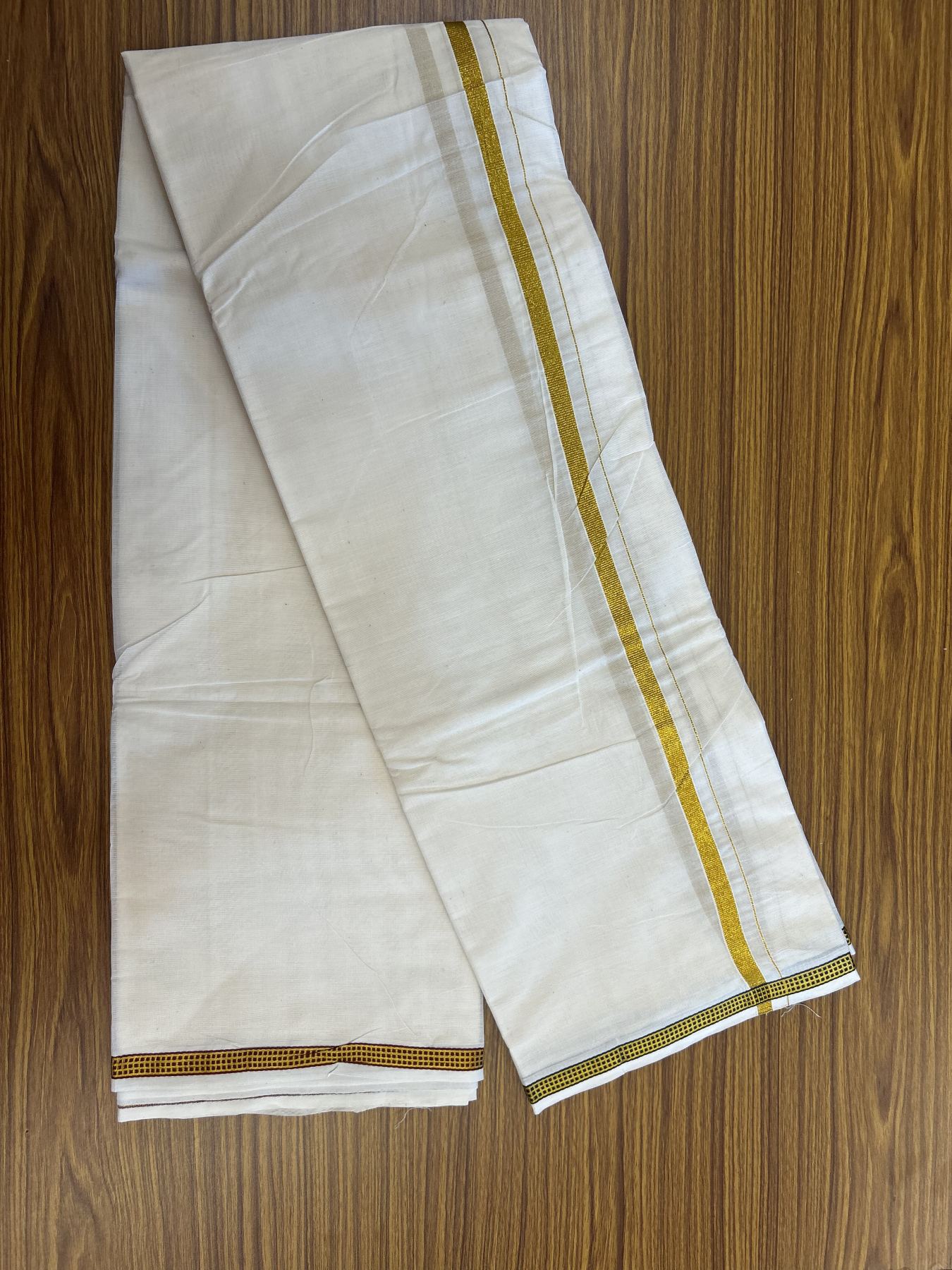 Panchakacham Dhoti - 20% Discount! Kaitharikada Balaramapuram Cotton Mix - Off White - (Unbleached) 80X90 thread - North Iindian- Attached Gamcha - 9x5 Dhoti - 0.5 inch Gold Kasav kara - 32 KK8305 PMC