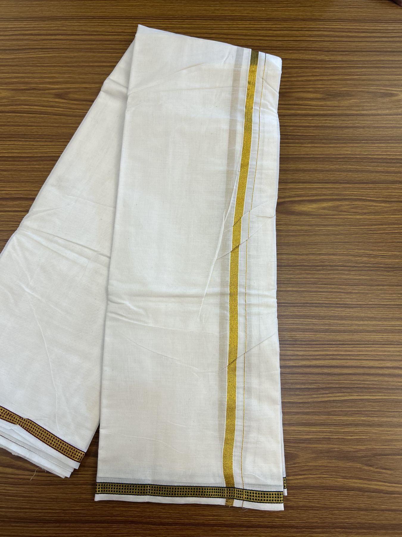 Panchakacham Dhoti - 20% Discount! Kaitharikada Balaramapuram Cotton Mix - Off White - (Unbleached) 80X90 thread - North Iindian- Attached Gamcha - 9x5 Dhoti - 0.5 inch Gold Kasav kara - 32 KK8305 PMC