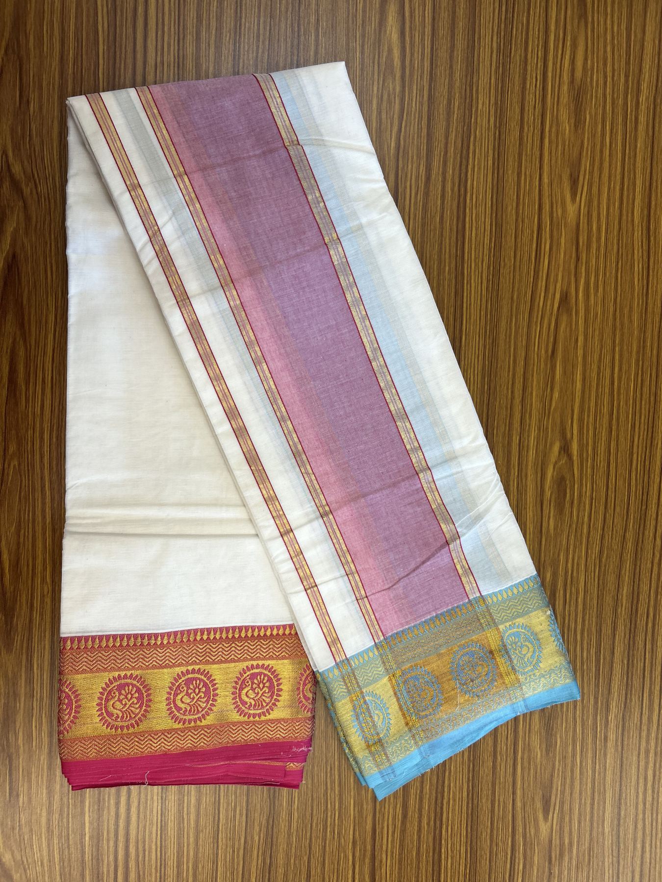Panchakacham Dhoti - 20% Discount! Kaitharikada Balaramapuram Cotton Mix - Off White - (Unbleached) 80X90 thread - North Iindian- Attached Gamcha - 9x5 Dhoti - 4 inch Gold kasav & Pink Striped kara - 56 KK8305 PMC