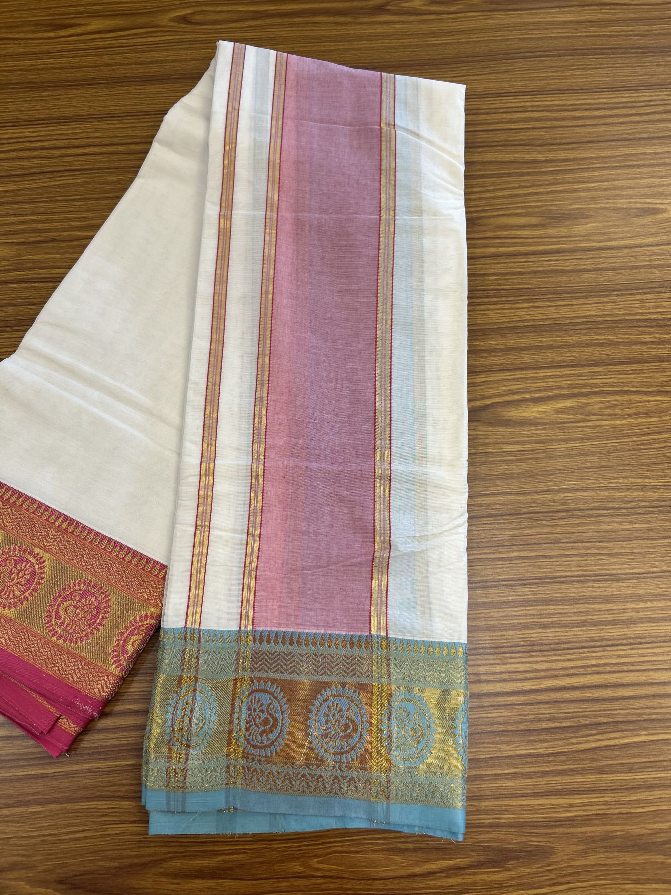 Panchakacham Dhoti - 20% Discount! Kaitharikada Balaramapuram Cotton Mix - Off White - (Unbleached) 80X90 thread - North Iindian- Attached Gamcha - 9x5 Dhoti - 4 inch Gold kasav & Pink Striped kara - 56 KK8305 PMC