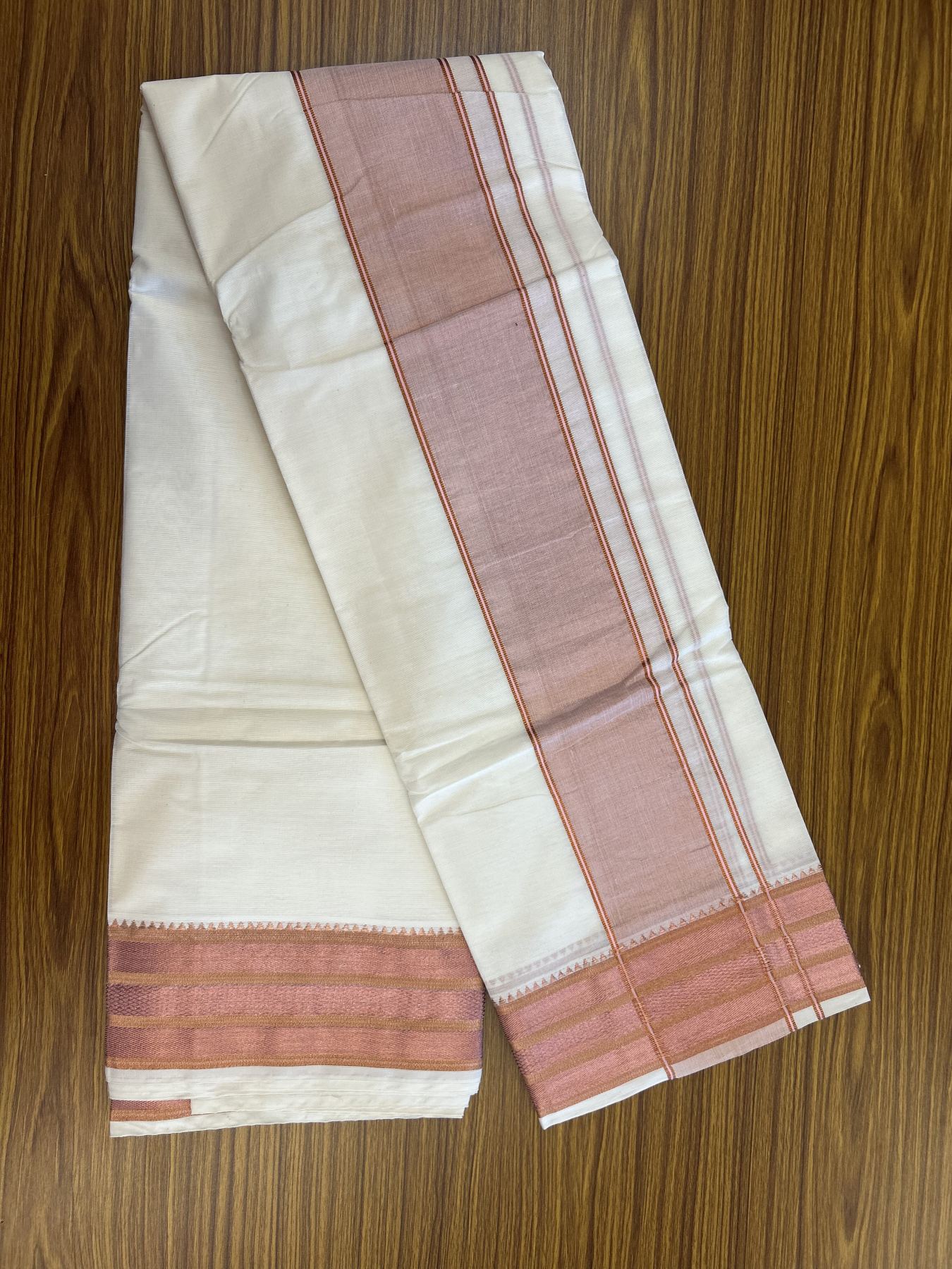 Panchakacham Dhoti - 20% Discount! Kaitharikada Balaramapuram Cotton Mix - Off White - (Unbleached) 80X90 thread - North Iindian- Attached Gamcha - 9x5 Dhoti - 3.25 inch Silver & Copper kasav shaded kara - 19 KK8305 PMC