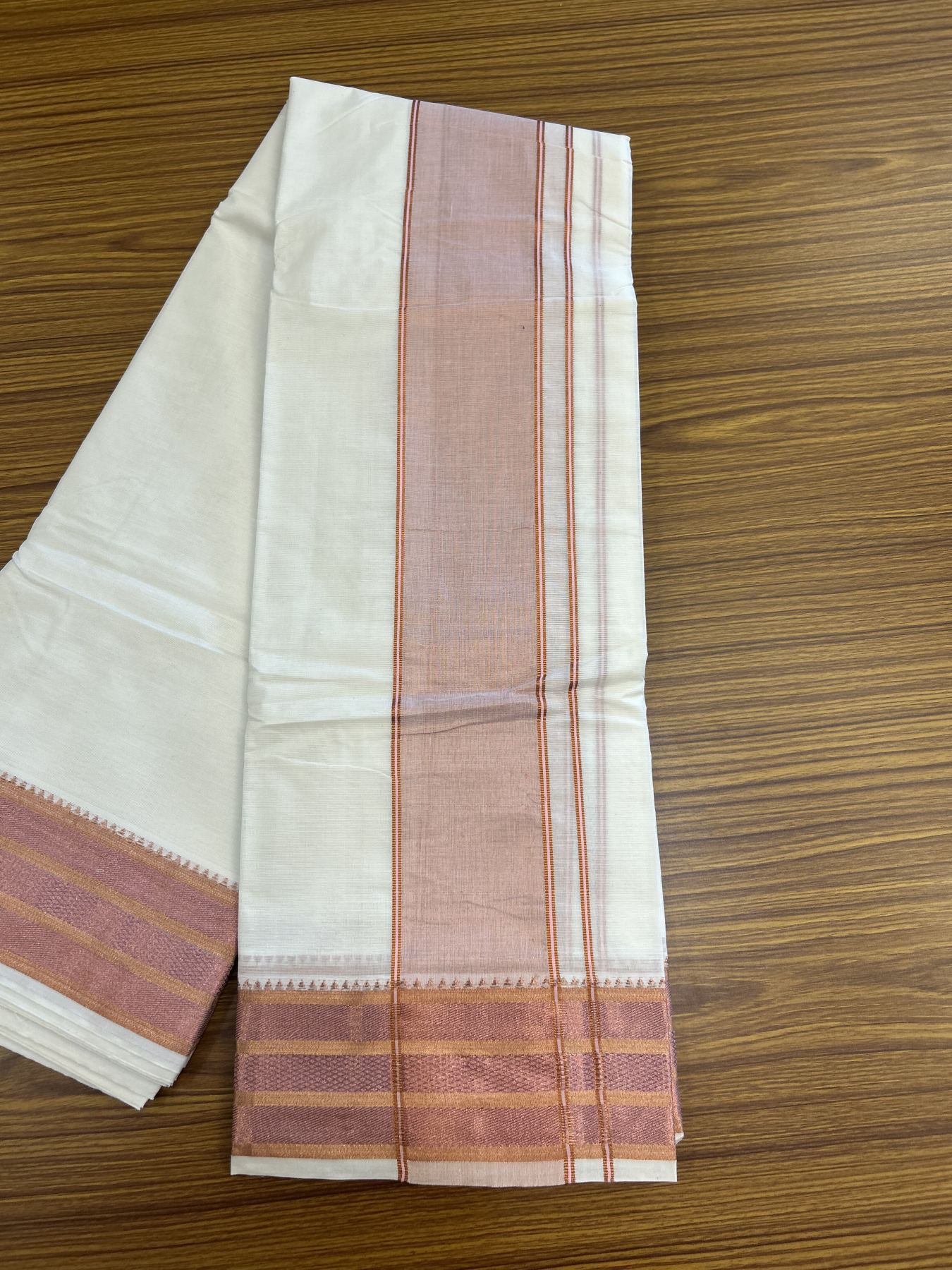 Panchakacham Dhoti - 20% Discount! Kaitharikada Balaramapuram Cotton Mix - Off White - (Unbleached) 80X90 thread - North Iindian- Attached Gamcha - 9x5 Dhoti - 3.25 inch Silver & Copper kasav shaded kara - 19 KK8305 PMC