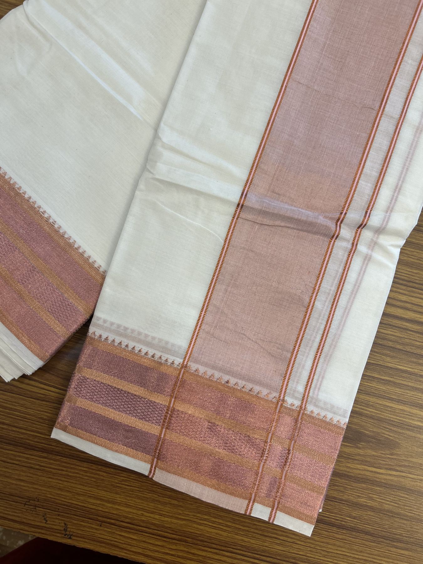 Panchakacham Dhoti - 20% Discount! Kaitharikada Balaramapuram Cotton Mix - Off White - (Unbleached) 80X90 thread - North Iindian- Attached Gamcha - 9x5 Dhoti - 3.25 inch Silver & Copper kasav shaded kara - 19 KK8305 PMC