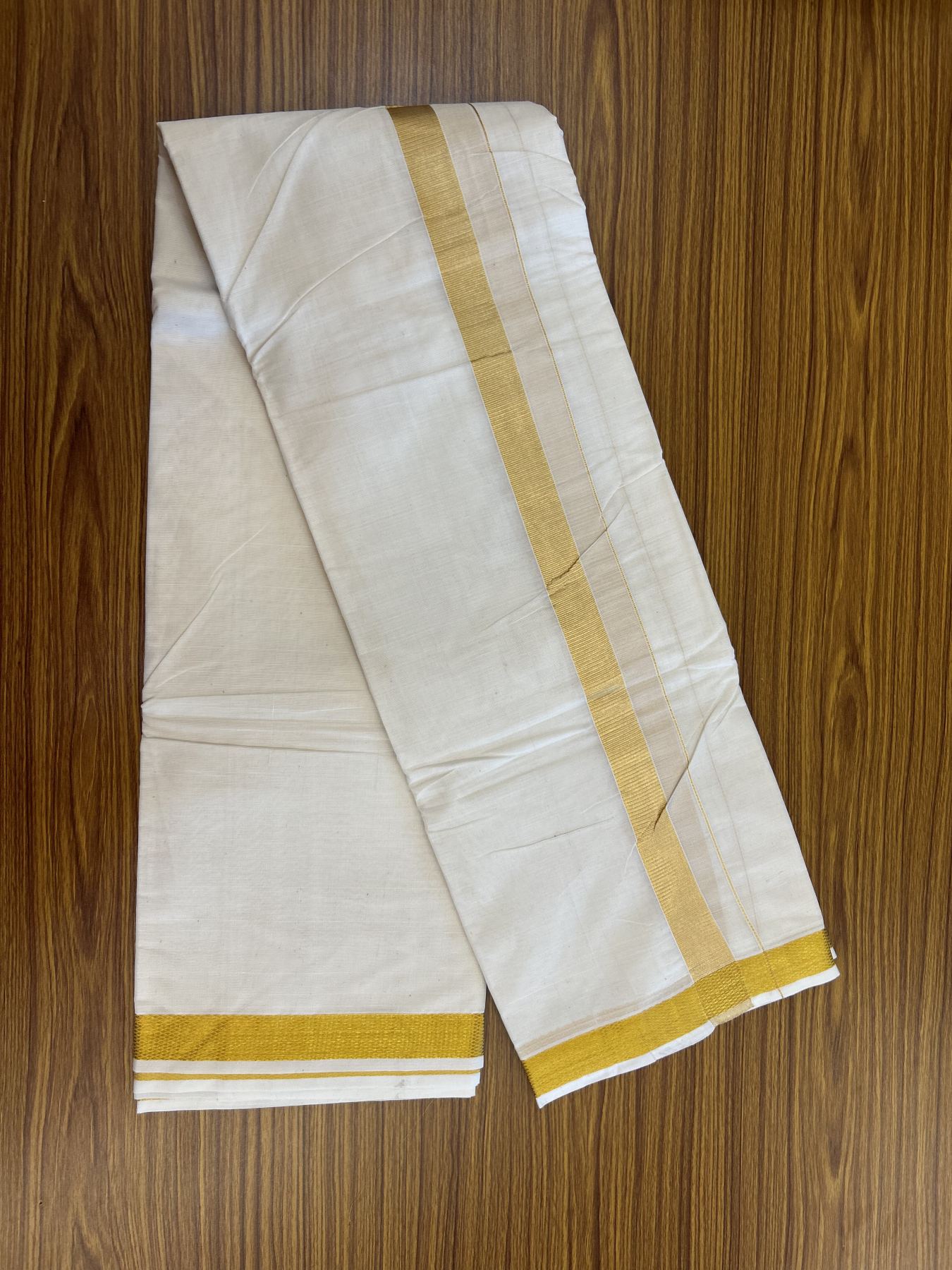 Panchakacham Dhoti - 20% Discount! Kaitharikada Balaramapuram Cotton Mix - Off White - (Unbleached) 80X90 thread - North Iindian- Attached Gamcha - 9x5 Dhoti - 1.25 inch Gold kasav kara - 57 KK8305 PMC