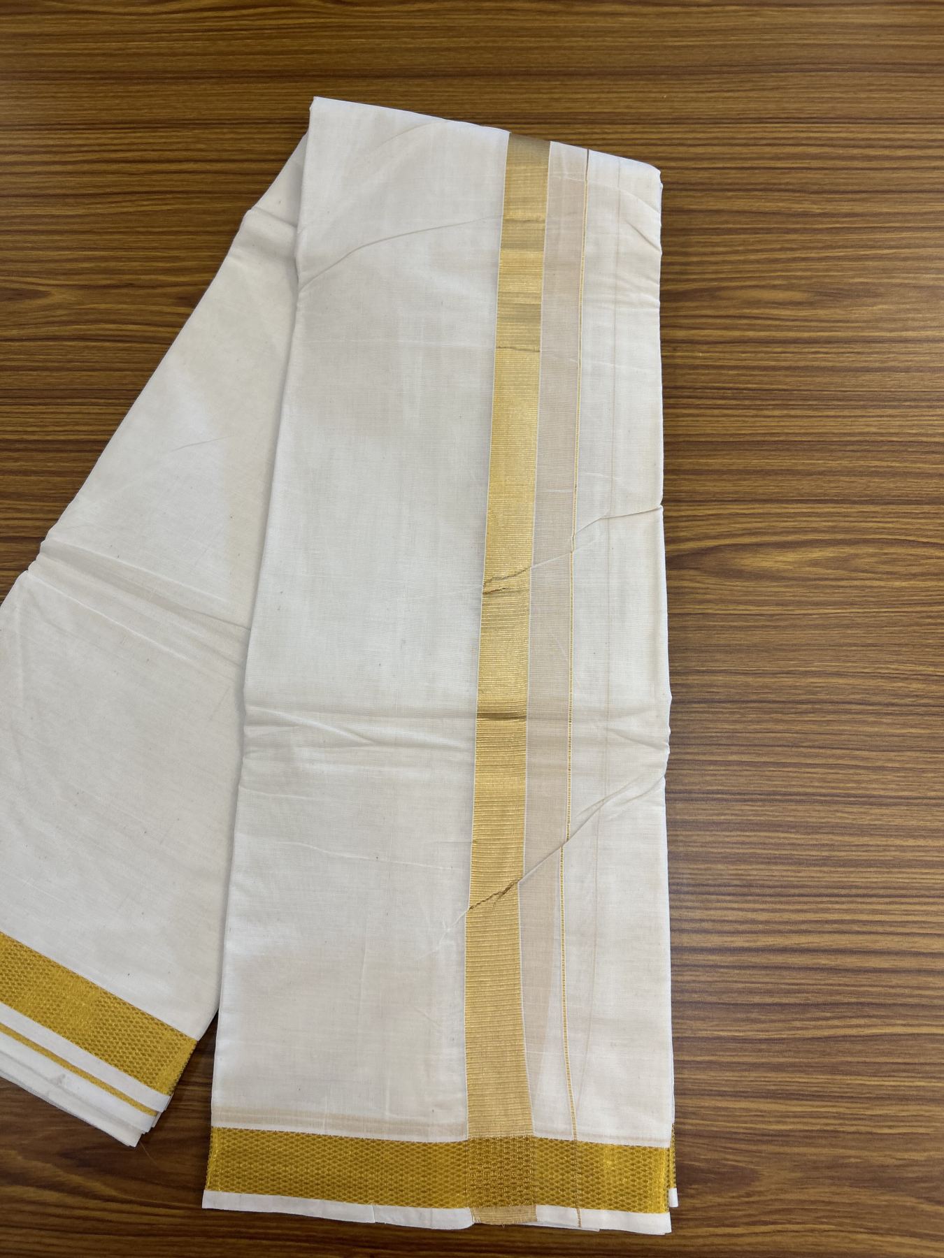 Panchakacham Dhoti - 20% Discount! Kaitharikada Balaramapuram Cotton Mix - Off White - (Unbleached) 80X90 thread - North Iindian- Attached Gamcha - 9x5 Dhoti - 1.25 inch Gold kasav kara - 57 KK8305 PMC