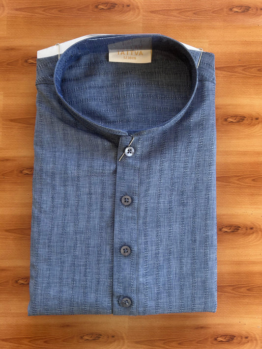 Short Kurtha Mixed cotton - Full Sleeve - KaithariKada - Blue Grey Striped Design Body - 6 KK9000 DTF