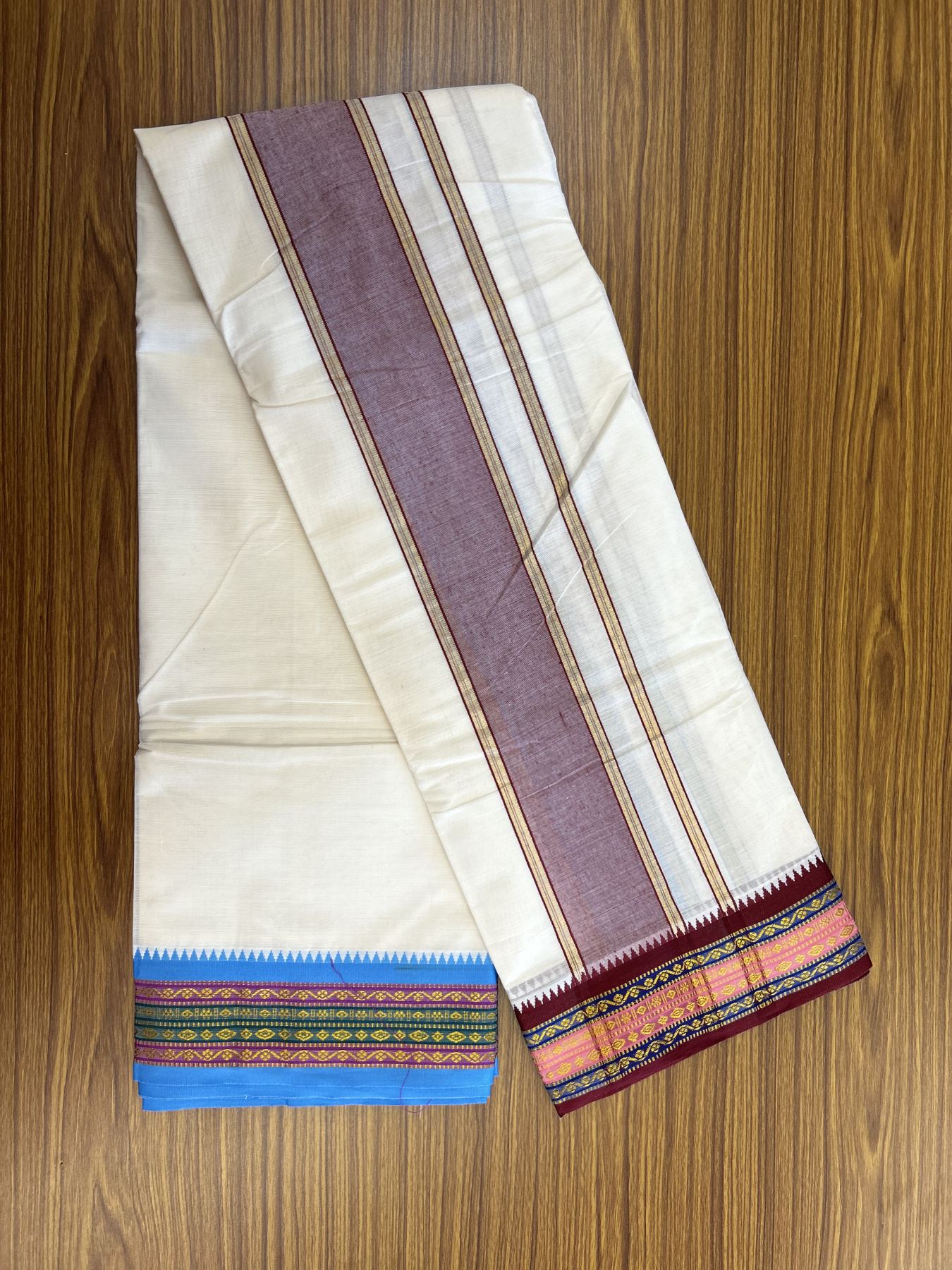 Panchakacham Dhoti - 20% Discount! Kaitharikada Balaramapuram Cotton Mix - Off White - (Unbleached) 80X90 thread - North Iindian- Attached Gamcha - 9x5 Dhoti - 3.25 inch Maroon & Light Blue shaded kara - 23 KK8305 PMC