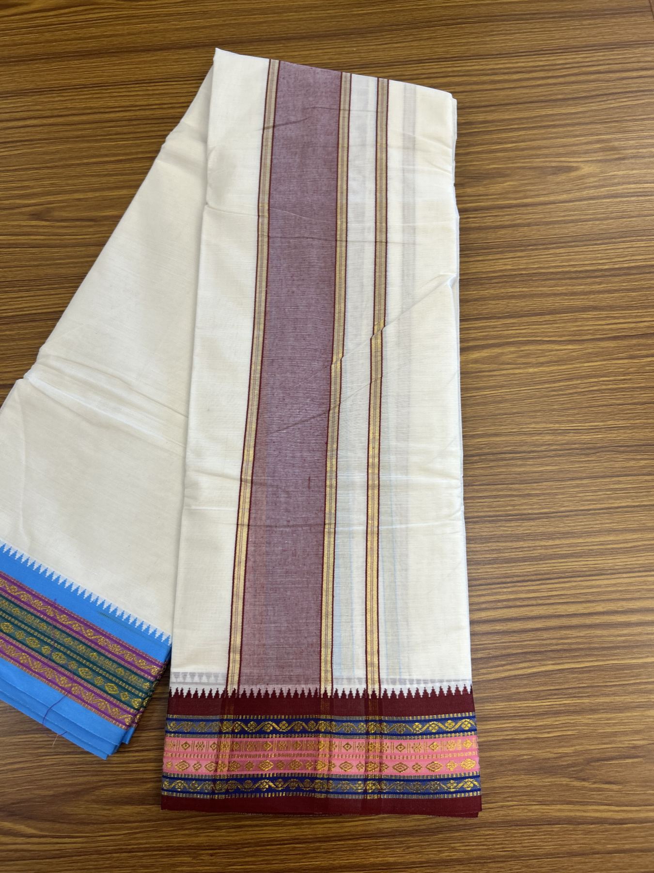Panchakacham Dhoti - 20% Discount! Kaitharikada Balaramapuram Cotton Mix - Off White - (Unbleached) 80X90 thread - North Iindian- Attached Gamcha - 9x5 Dhoti - 3.25 inch Maroon & Light Blue shaded kara - 23 KK8305 PMC