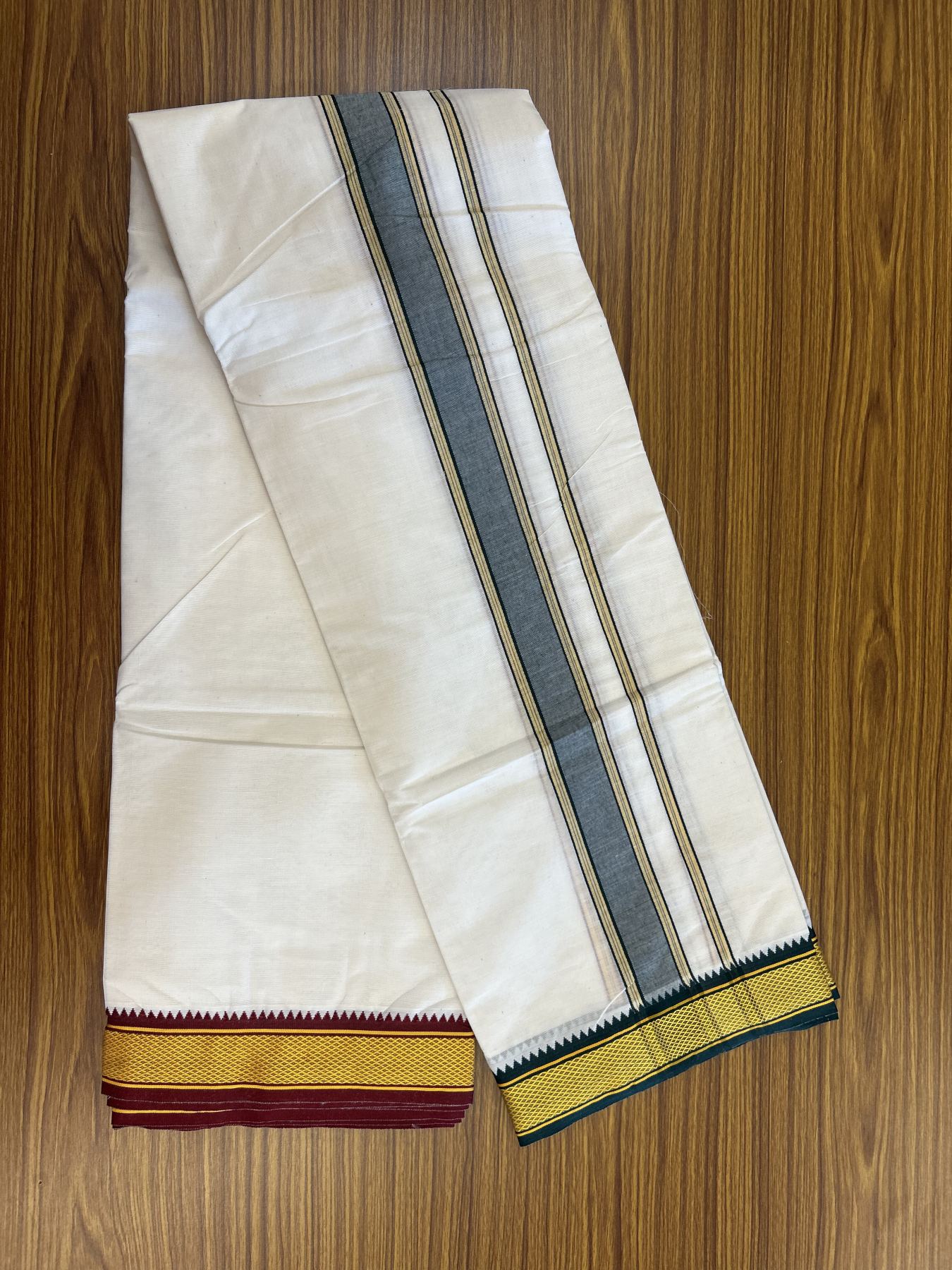 Panchakacham Dhoti - 20% Discount! Kaitharikada Balaramapuram Cotton Mix - Off White - (Unbleached) 80X90 thread - North Iindian- Attached Gamcha - 9x5 Dhoti - 1.75 inch Yellow & Green shaded kara - 36 KK8305 PMC