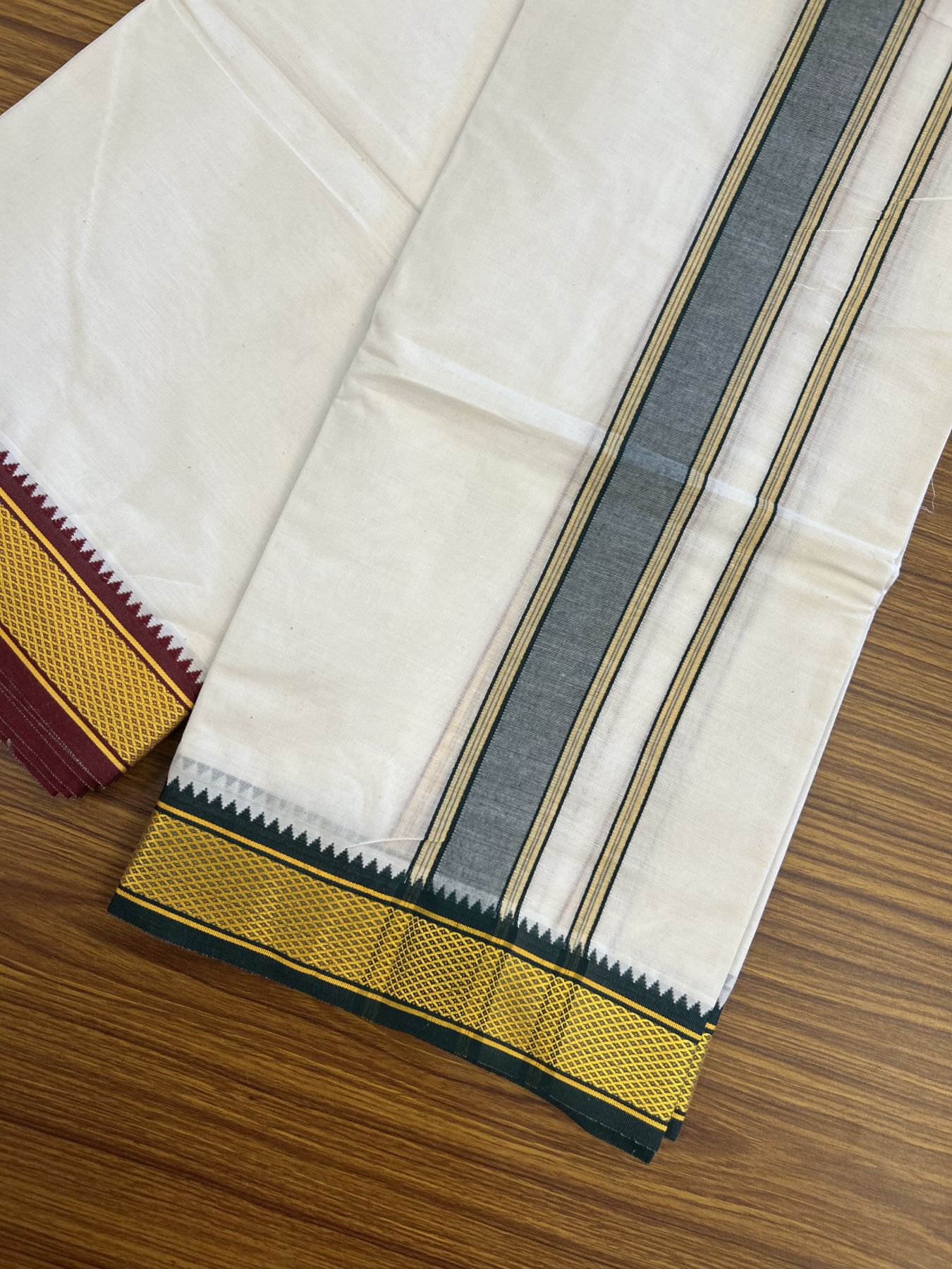 Panchakacham Dhoti - 20% Discount! Kaitharikada Balaramapuram Cotton Mix - Off White - (Unbleached) 80X90 thread - North Iindian- Attached Gamcha - 9x5 Dhoti - 1.75 inch Yellow & Green shaded kara - 36 KK8305 PMC