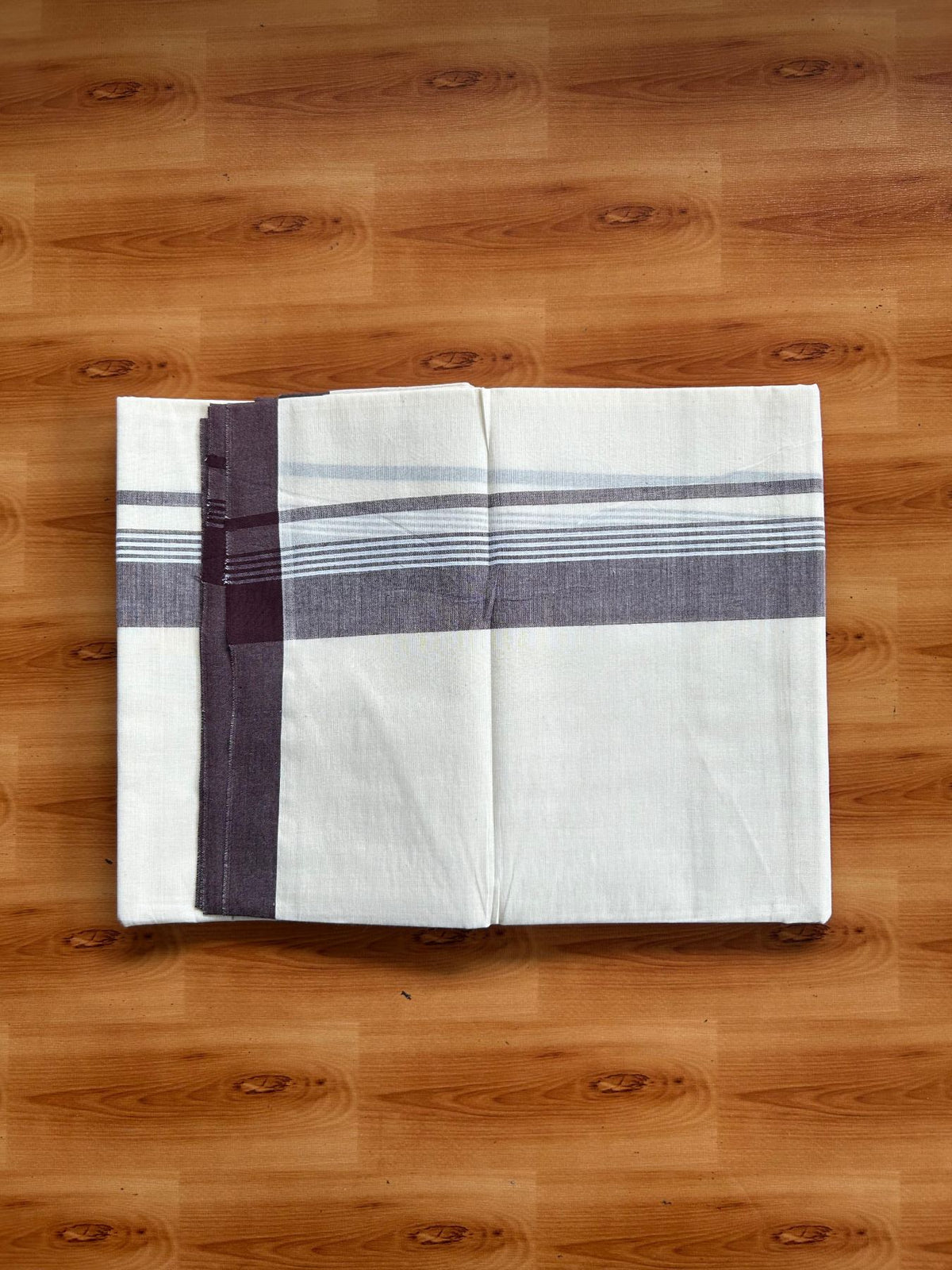 Double Off White (Unbleached) Mundu/Dhoti - 20% Discount! KaithariKada Pulimood 100% Cotton 80x72 - 2 inch Brown Shaded Striped Kara - 4 mtr (8.5 muzham) - 20 KK5553 STH