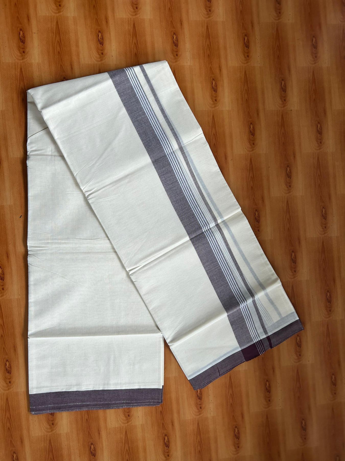 Double Off White (Unbleached) Mundu/Dhoti - 20% Discount! KaithariKada Pulimood 100% Cotton 80x72 - 2 inch Brown Shaded Striped Kara - 4 mtr (8.5 muzham) - 20 KK5553 STH
