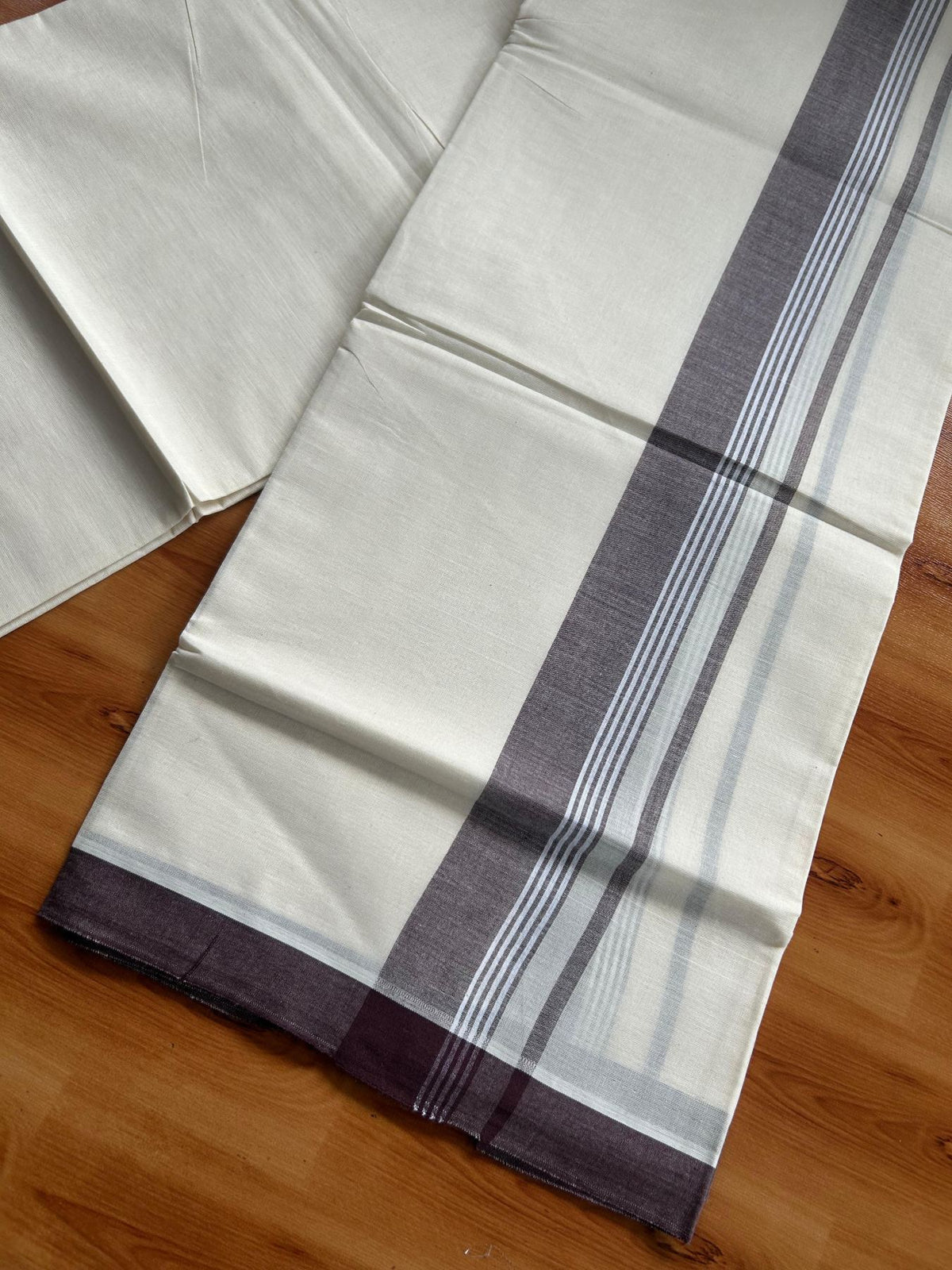 Double Off White (Unbleached) Mundu/Dhoti - 20% Discount! KaithariKada Pulimood 100% Cotton 80x72 - 2 inch Brown Shaded Striped Kara - 4 mtr (8.5 muzham) - 20 KK5553 STH