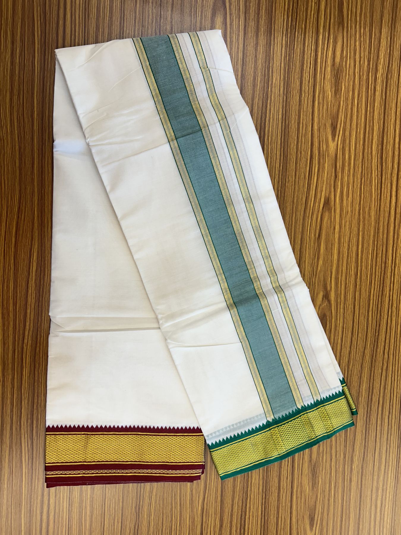Panchakacham Dhoti - 20% Discount! Kaitharikada Balaramapuram Cotton Mix - Off White - (Unbleached) 80X90 thread - North Iindian- Attached Gamcha - 9x5 Dhoti - 2.5 inch Gold kasav & Green kara - 59 KK8305 PMC