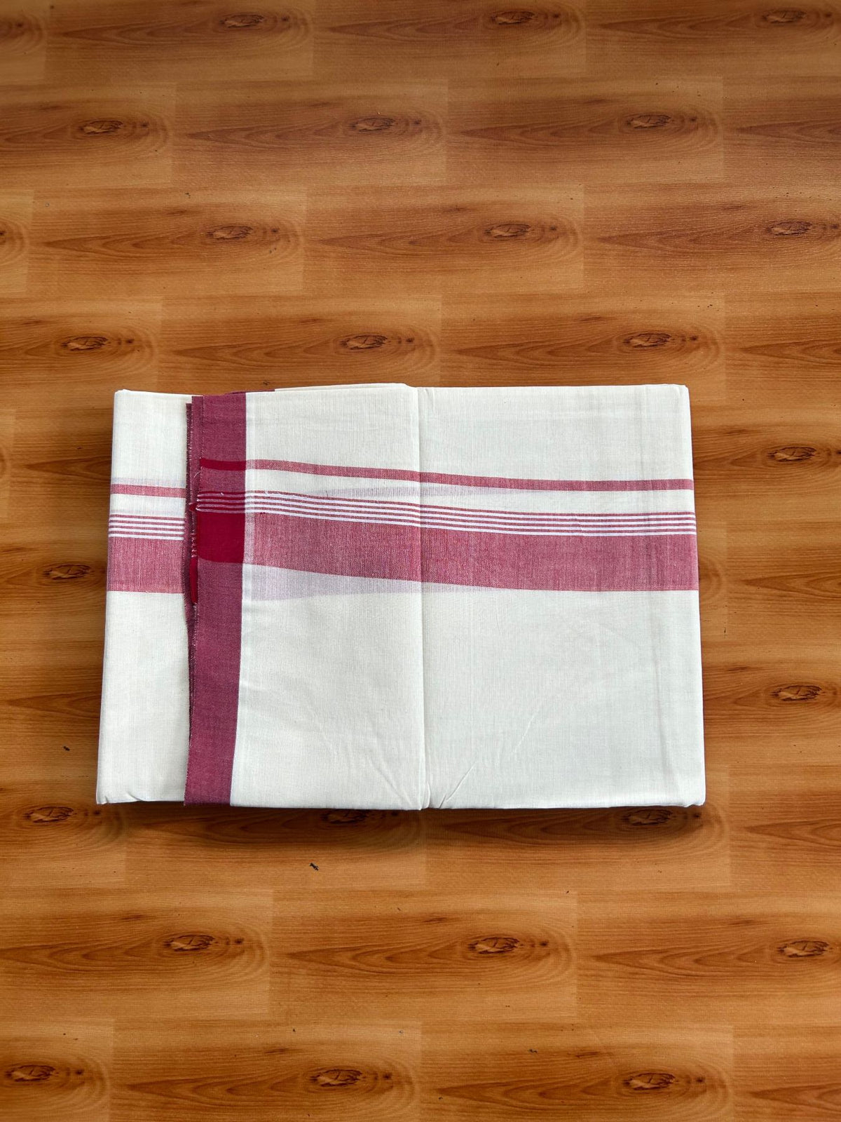 Double Off White (Unbleached) Mundu/Dhoti - 20% Discount! KaithariKada Pulimood 100% Cotton 80x72 - 1.75 inch Maroon Shaded Striped Kara - 4 mtr (8.5 muzham) - 21 KK5553 STH