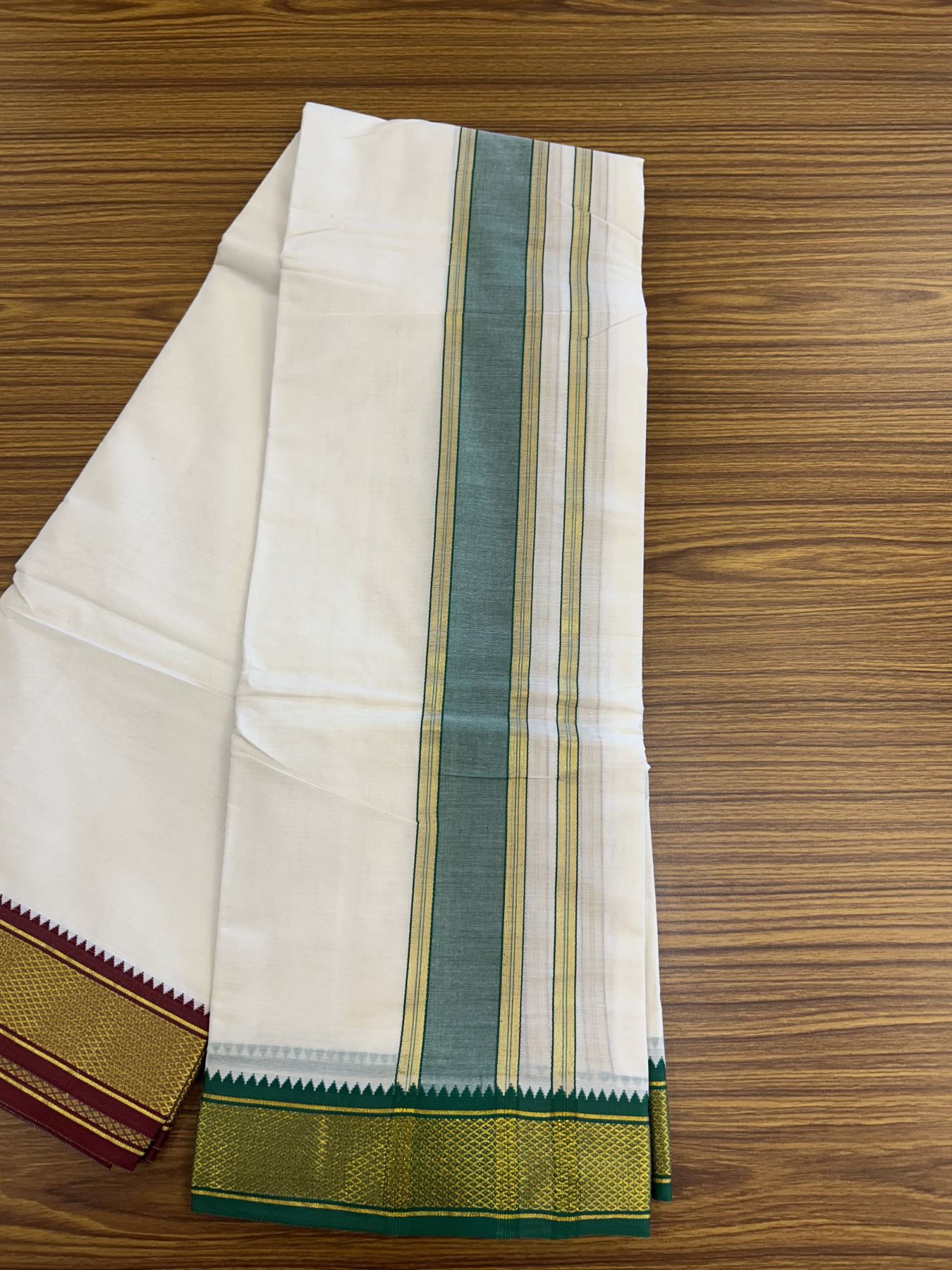 Panchakacham Dhoti - 20% Discount! Kaitharikada Balaramapuram Cotton Mix - Off White - (Unbleached) 80X90 thread - North Iindian- Attached Gamcha - 9x5 Dhoti - 2.5 inch Gold kasav & Green kara - 59 KK8305 PMC