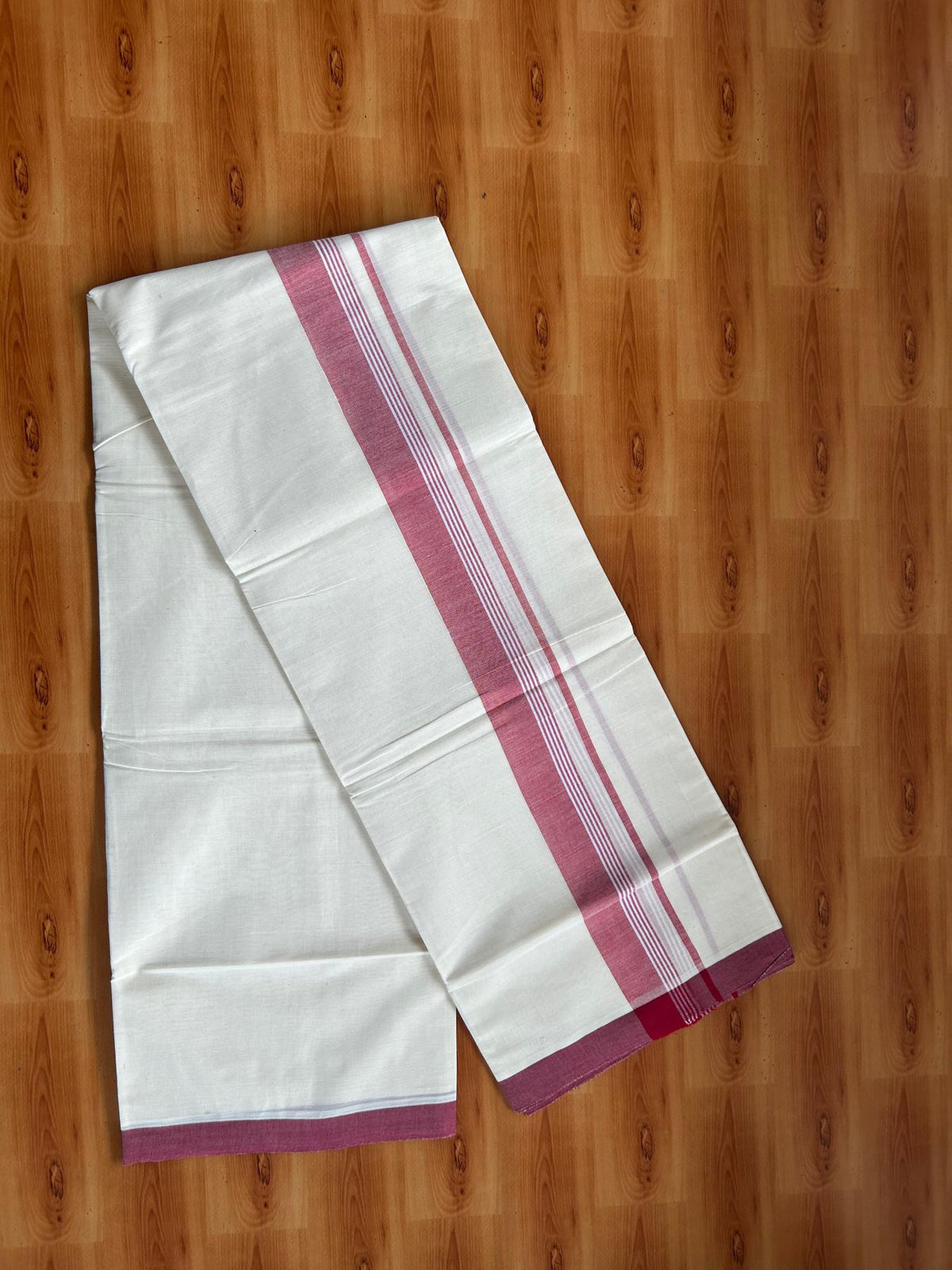 Double Off White (Unbleached) Mundu/Dhoti - 20% Discount! KaithariKada Pulimood 100% Cotton 80x72 - 1.75 inch Maroon Shaded Striped Kara - 4 mtr (8.5 muzham) - 21 KK5553 STH